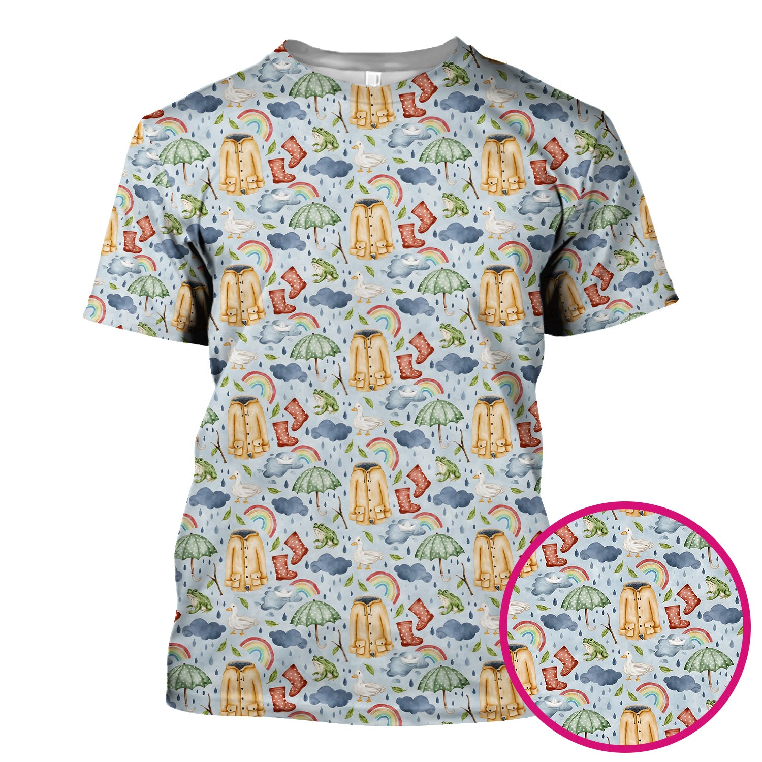 Cute Rainy Day Ducks & Frog Rainbow Pattern Scrub Top, Colorful Gothic Nurse Scrubs Uniform