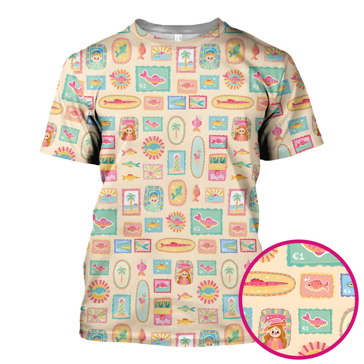 Coastal Vintage Postage Stamp Pattern Scrub Top, Comfortable Scrubs for Nurses