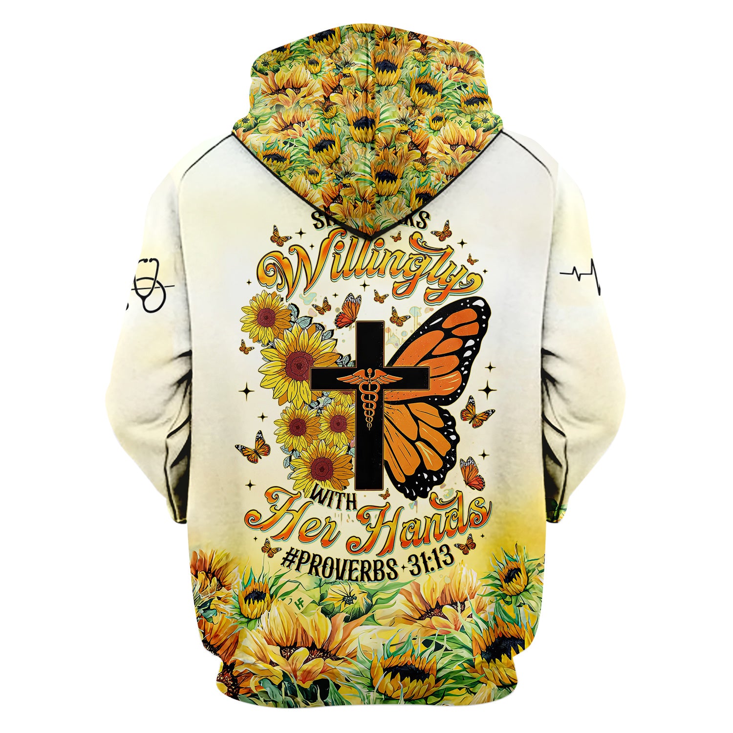 Personalized Christian Nurse Scrub Top - Sunflower Butterfly Cross & Bible Verse - Gift for RN LPN CNA Healthcare Workers