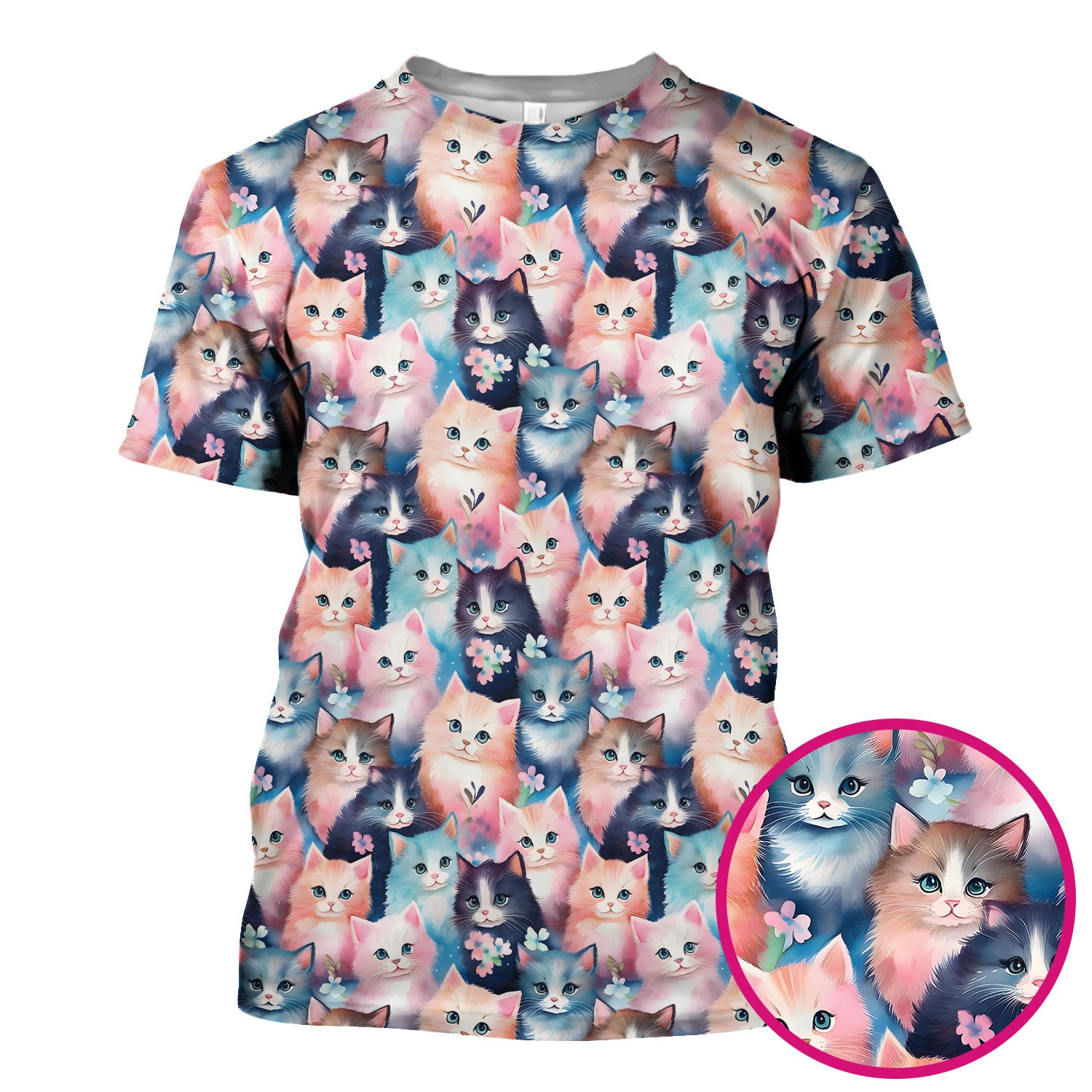 Pastel Kitten Pattern Scrub Top, Cute Aesthetic Cat Nursing Uniform for Women