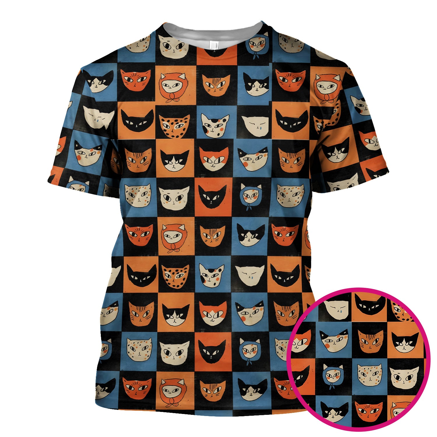 Cute Retro Cat Faces Checkerboard Print Scrub Top, Comfortable Scrubs For Nurses