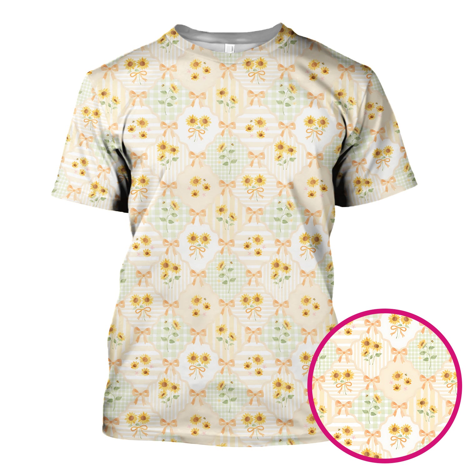 Cute Sunflower Ribbon Patchwork Pattern Scrub Top, Comfortable Scrubs for Nurses