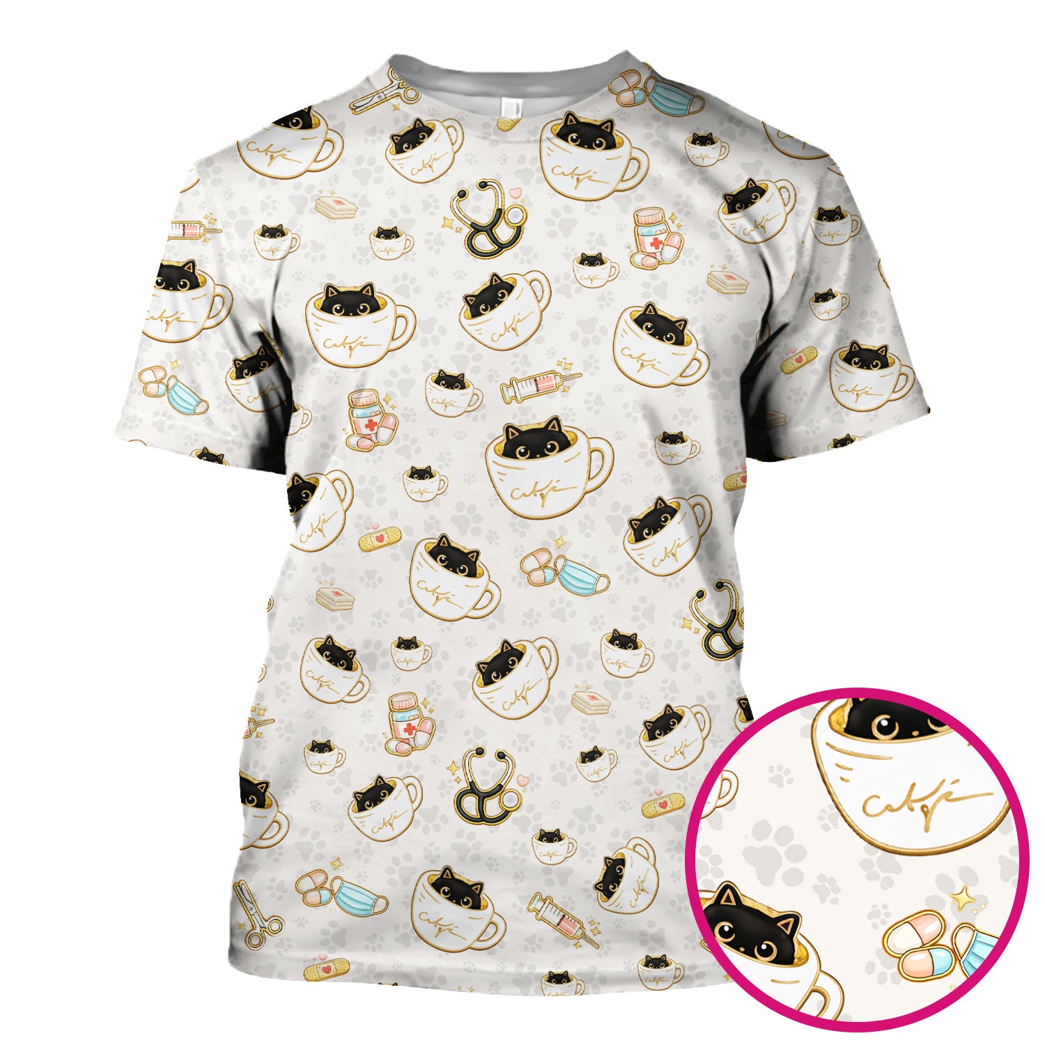 Cute Coffee Cat Medical Print Scrub Top, Breathable Fabrics Nursing Uniform