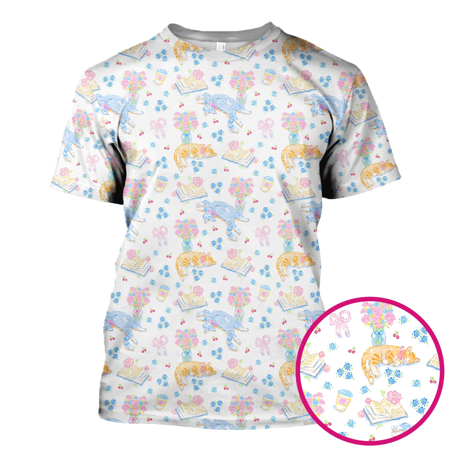 Cute Cats Reading Floral Books Pattern Scrub Top, Comfortable Scrubs for Nurses