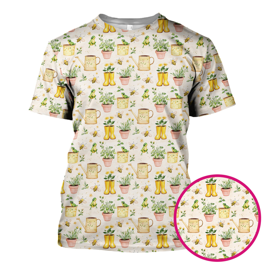 Cute Nurse Frog And Bee Garden Pattern Scrub Top, Breathable Fabrics Nursing Uniform