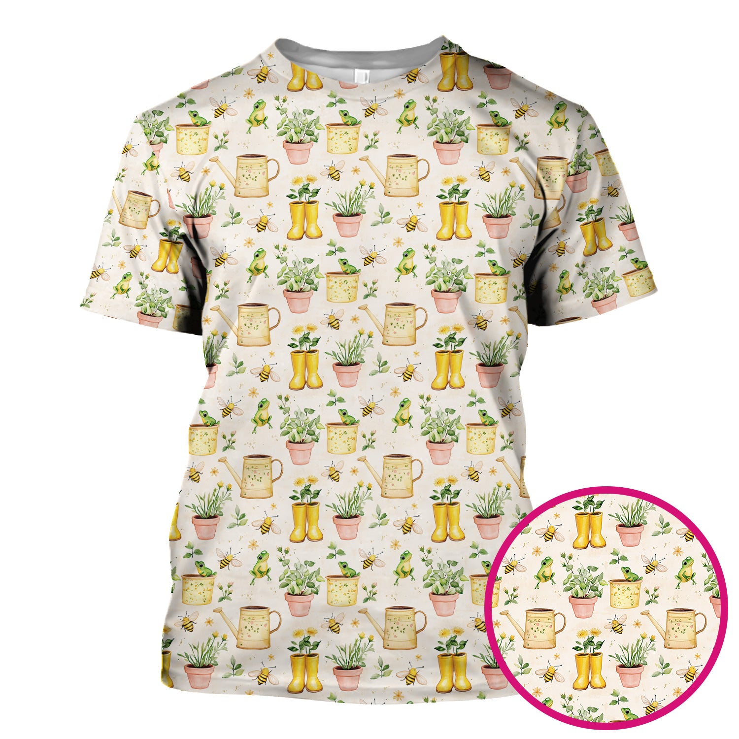 Cute Nurse Frog And Bee Garden Pattern Scrub Top, Breathable Fabrics Nursing Uniform