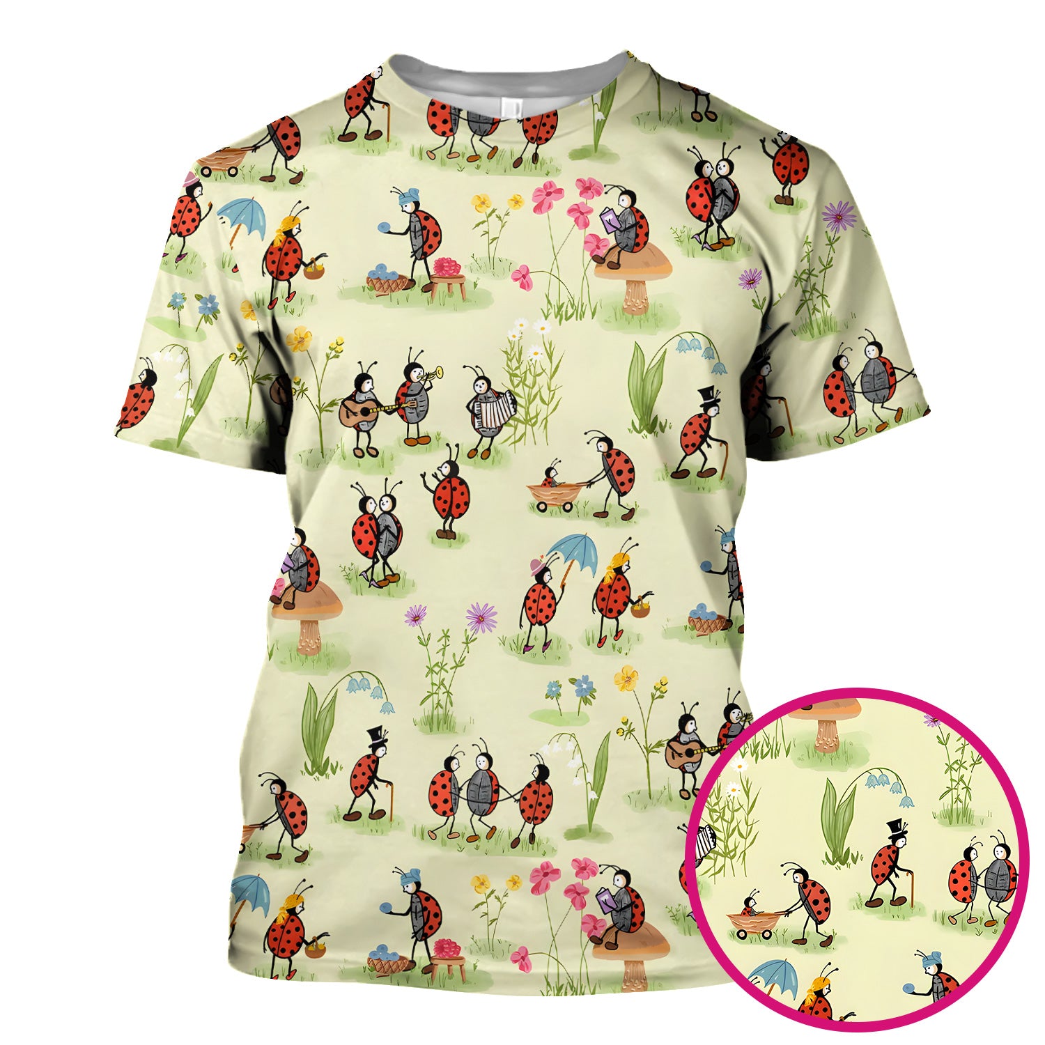 Whimsical Ladybug Garden Activity Pattern Scrub Top, Comfortable Scrubs For Nurses