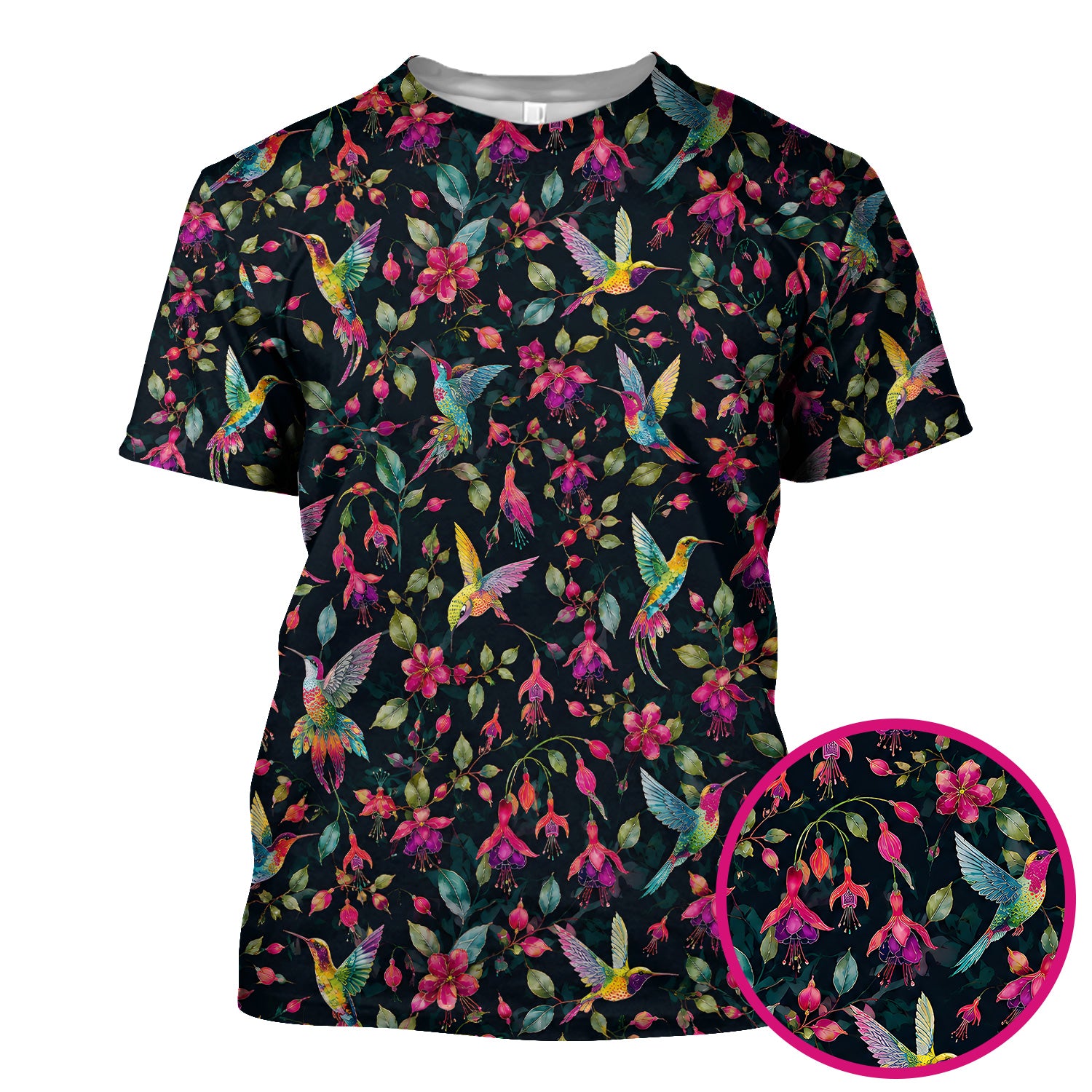 Hummingbird Fuchsia Bloom Pattern Scrub Top, Comfortable Scrubs for Nurses