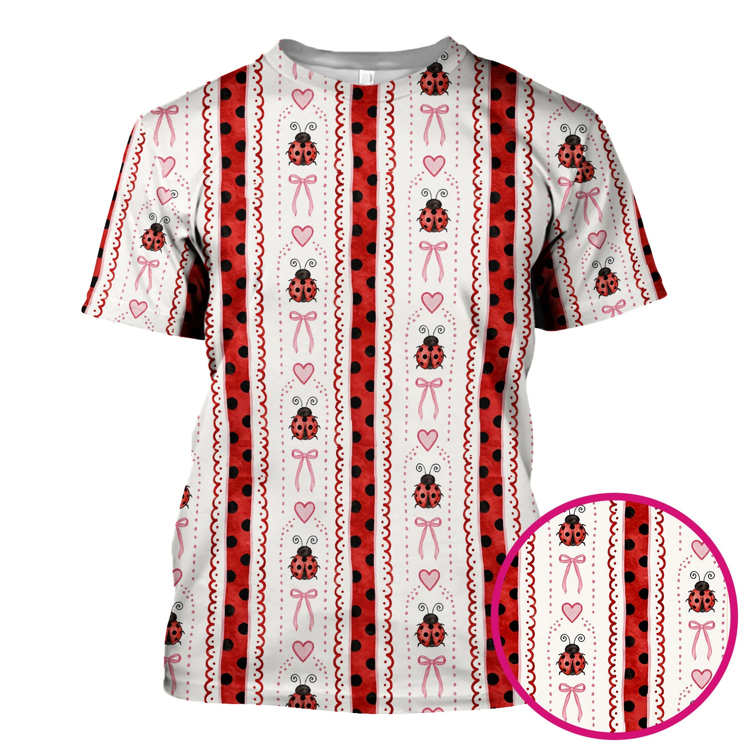 Cute Ladybug Heart Bow Stripe Pattern Scrub Top, Red Polka Dot Nurse Uniform