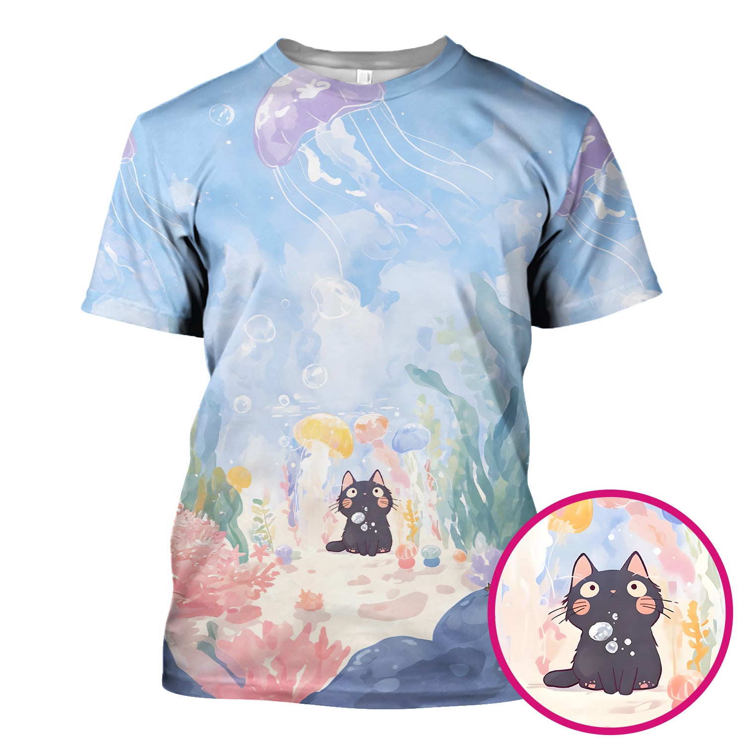 Cute Underwater Black Cat Jellyfish Pattern Scrub Top, Comfortable Scrubs for Nurses