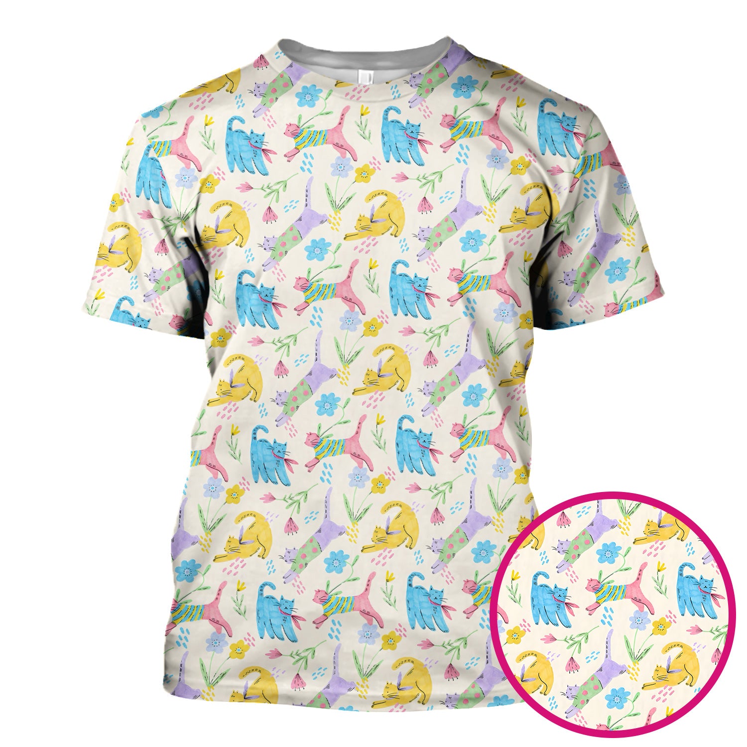 Cute Colorful Cat Floral Pattern Scrub Top, Comfortable Scrubs For Nurses