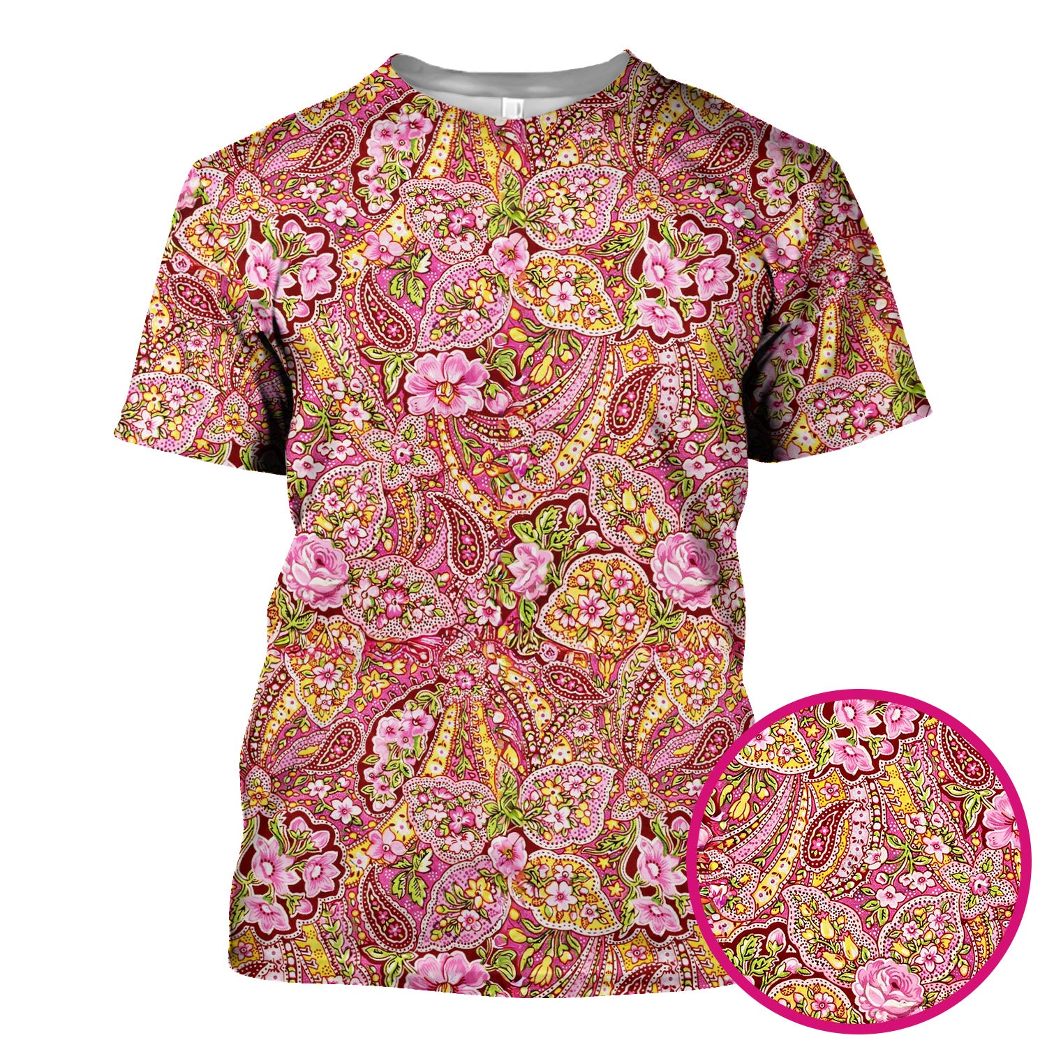 Pink Floral Paisley Blossom Print Scrub Top, Comfortable Scrubs for Nurses