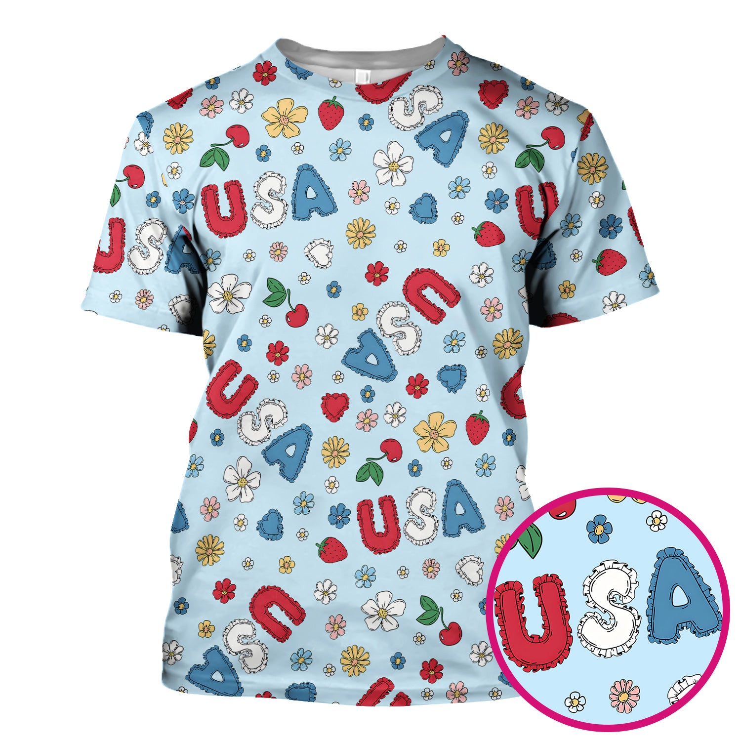 USA Cherry Strawberry Floral Patch Pattern Scrub Top, Comfortable Scrubs for Nurses