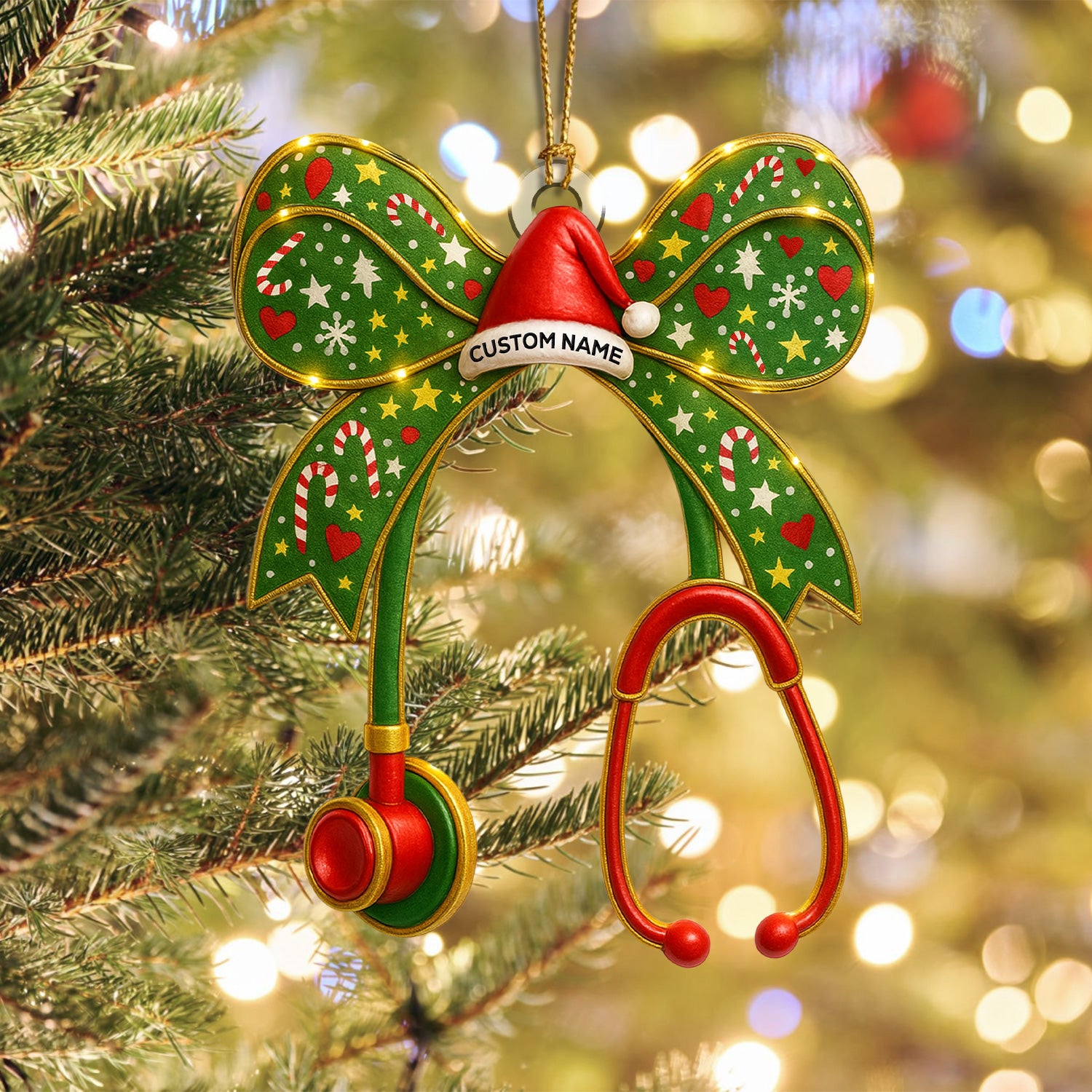 Personalized Nurse Bow Ornament – Funny Christmas Stethoscope Design – Cute Holiday Gift for Healthcare Workers and RN