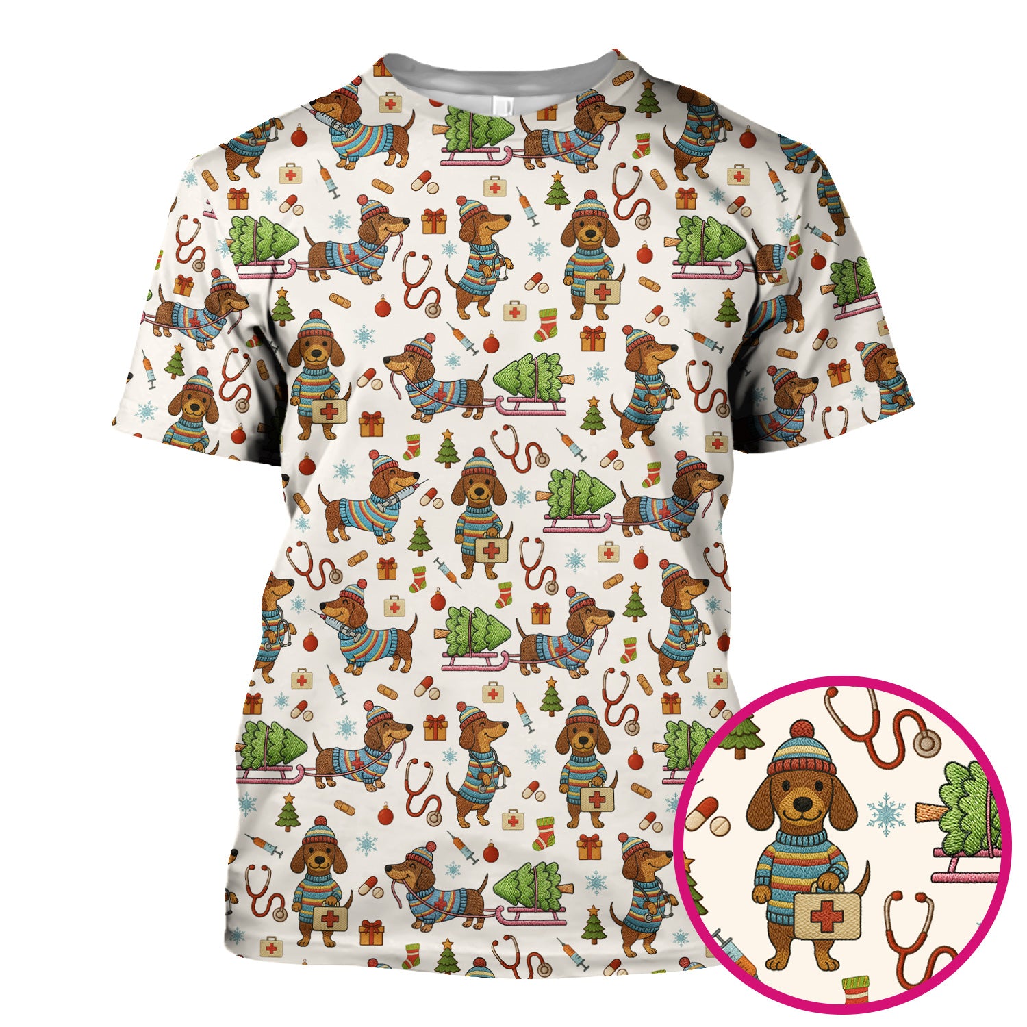 Dachshund Dog Scrub For Nurse, Funny Wiener Dog Lover Gift, Cute Dog 3D Knit Pattern Shirt