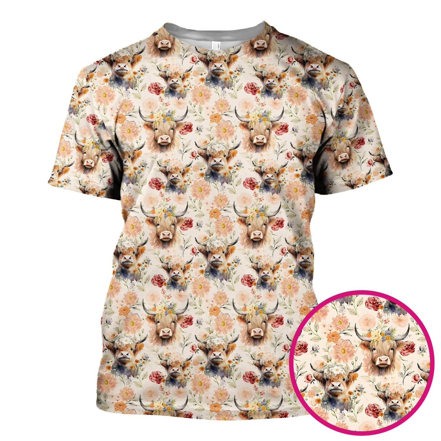Cute Highland Cow Floral Pattern Scrub Top, Comfortable Scrubs for Nurses