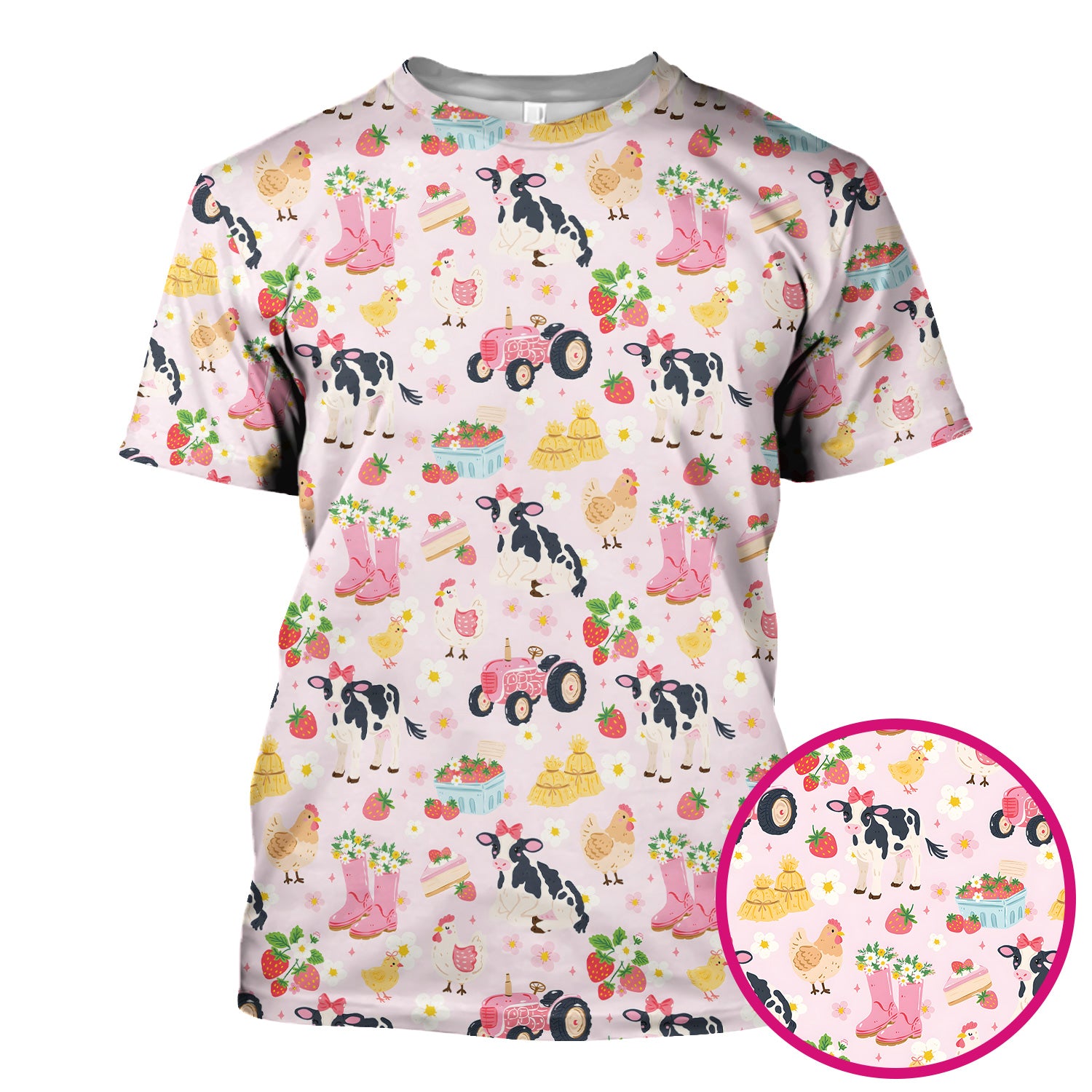 Cute Farm Animals & Strawberry Garden Pattern Scrub Top, Comfortable Scrubs for Nurses
