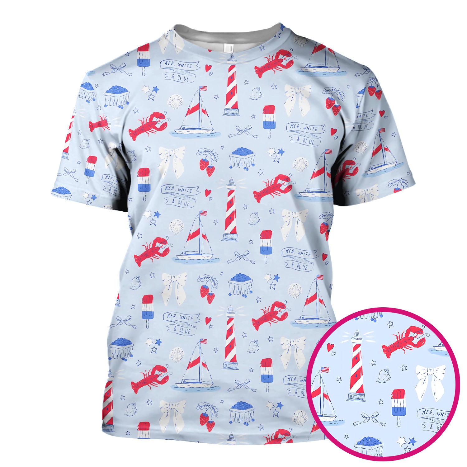 Lobster Lighthouse Sailboat Pattern Scrub Top, Comfortable Scrubs for Nurses