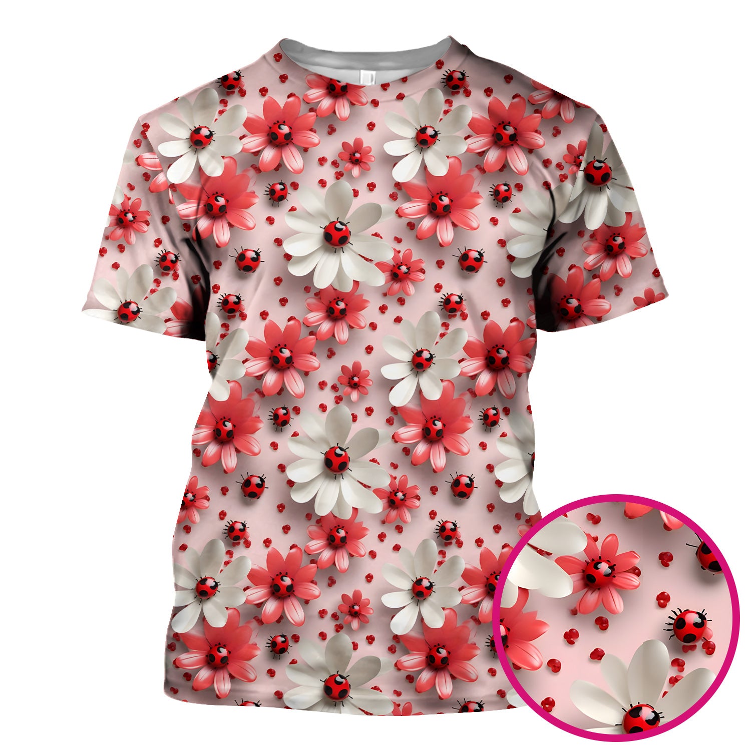 Red Ladybug Flower Pattern Scrub Top, Cute Spring Floral Nursing Uniform for Women