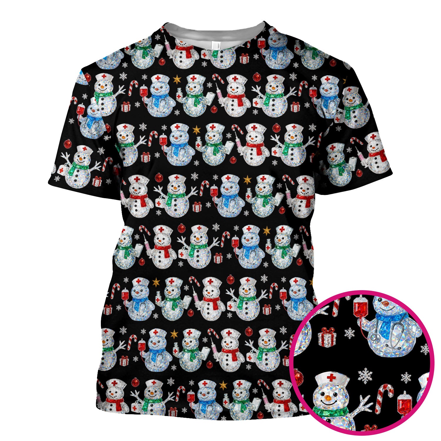 Nurse Snowman Christmas Scrub Top, Cute Holiday Medical Pattern Shirt For Women, Winter Snowflake Nursing Uniform