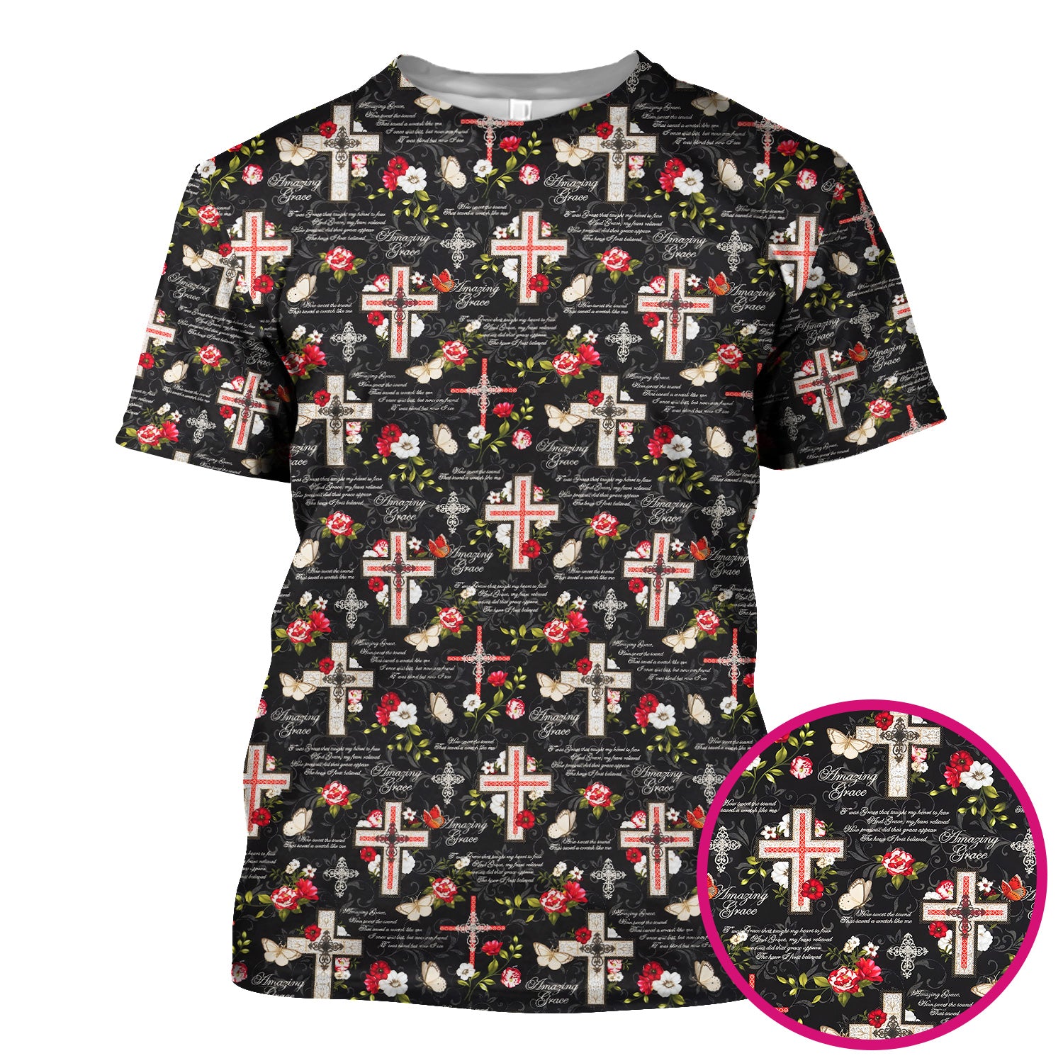Christian Cross Roses And Butterflies Print Scrub Top, Comfortable Scrubs for Nurses