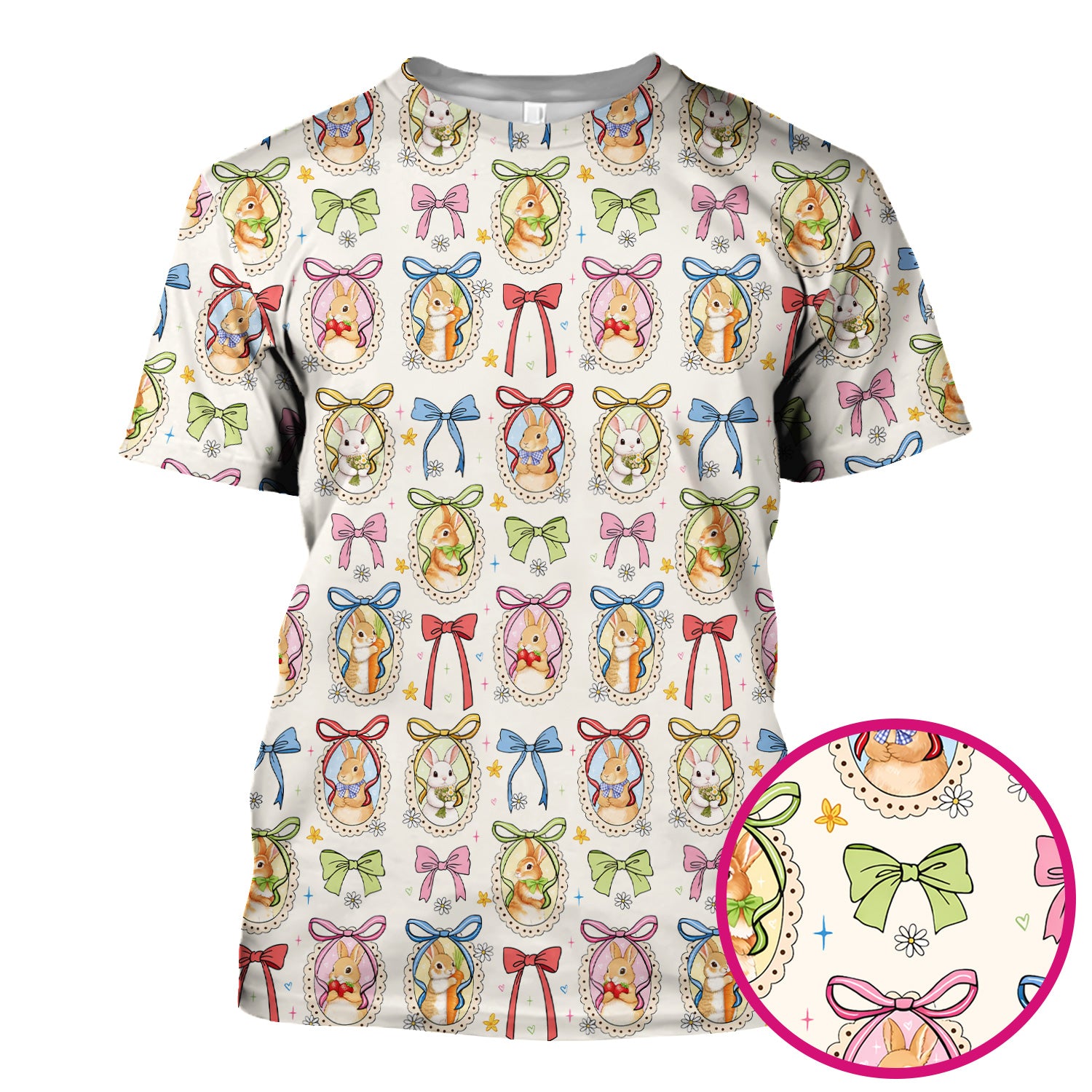 Cute Easter Bunny Cameo Colorful Bow Pattern Scrub Top, Breathable Fabrics Nursing Uniform
