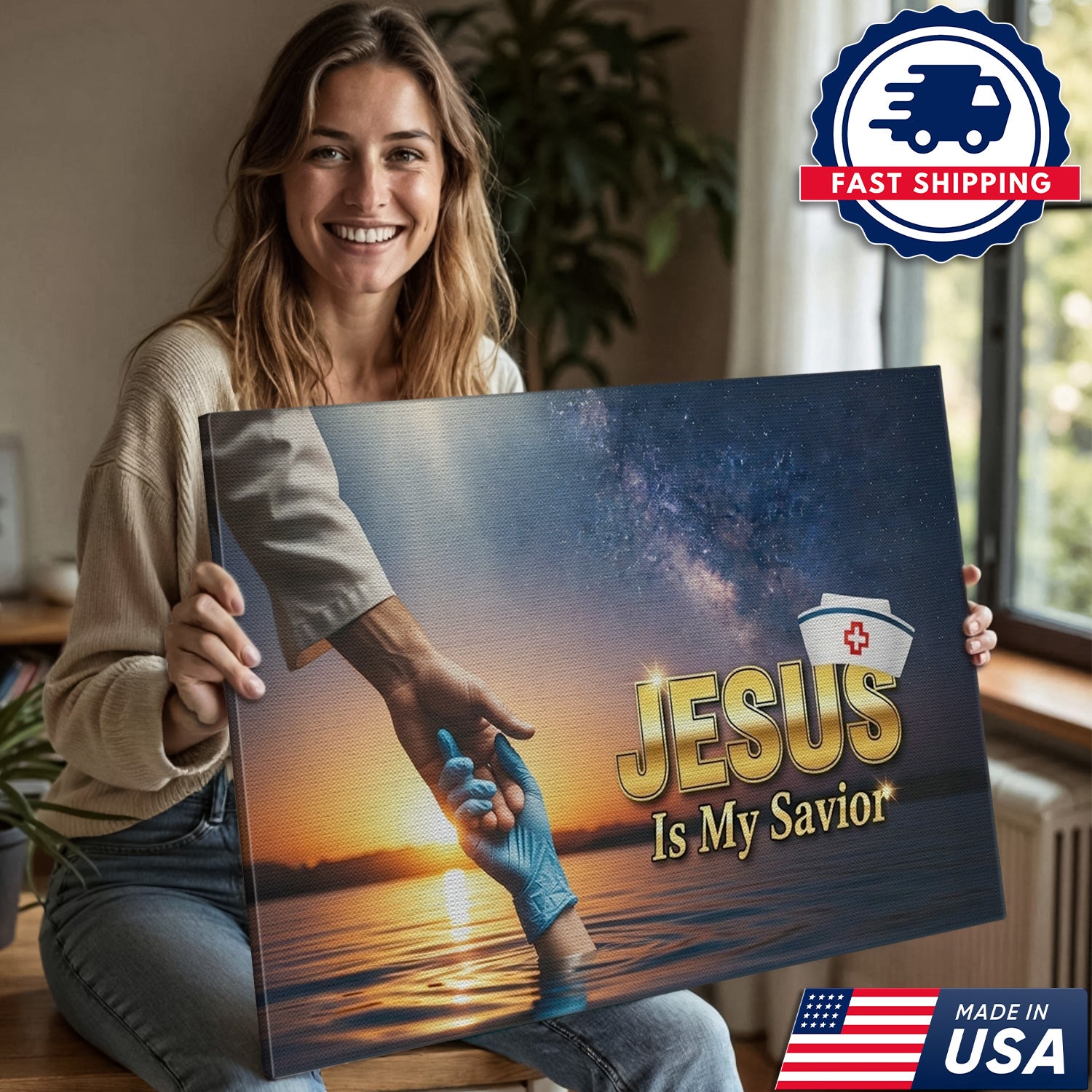 Jesus Is My Savior Nurse Canvas, Faith Religious Gift for RN LPN CNA, Home Office Wall Decor