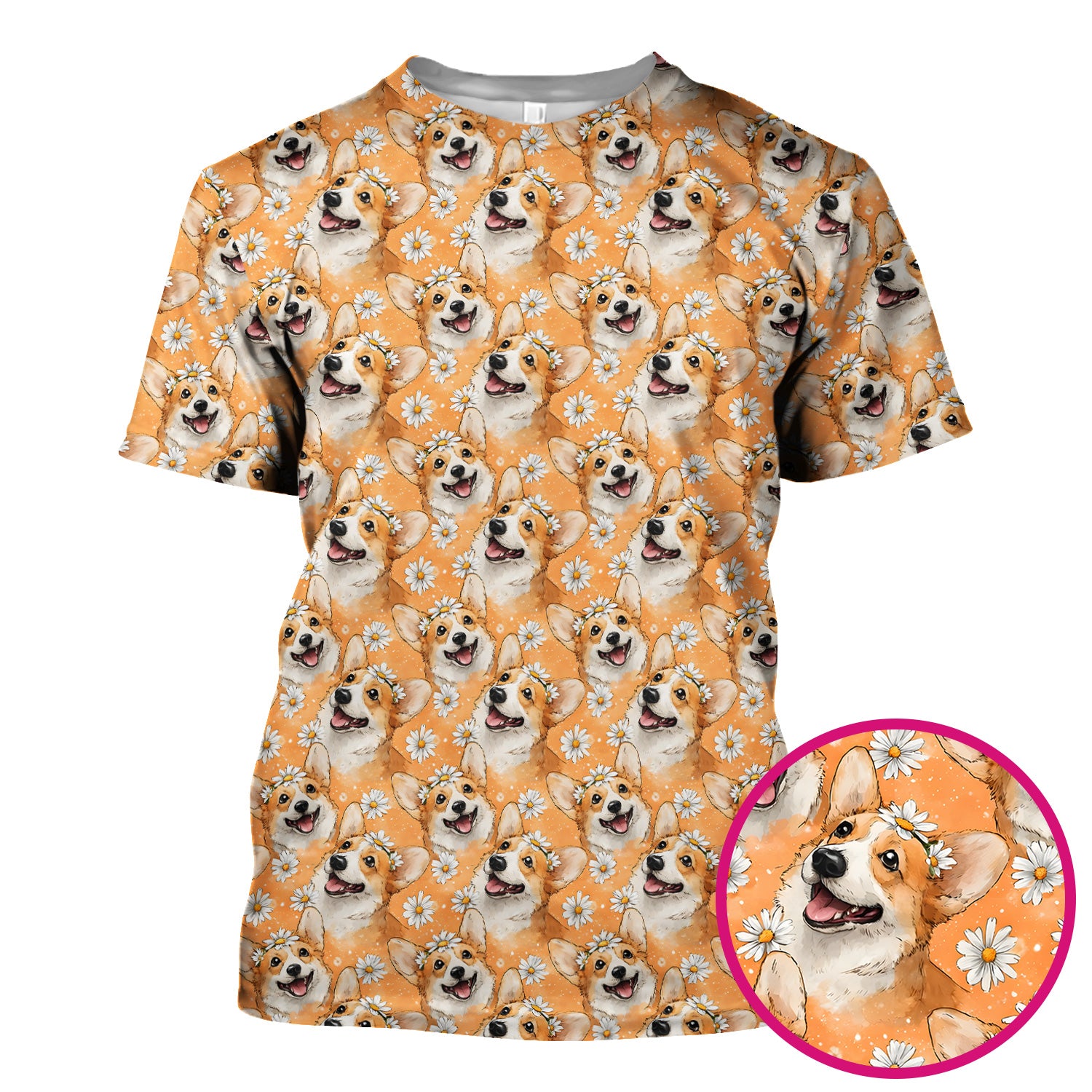 Happy Corgi Daisy Floral Pattern Orange Scrub Top, Breathable Fabrics Nursing Uniform