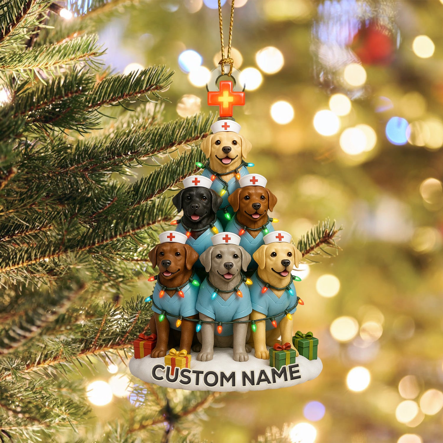 Personalized Nurse Dogs Christmas Tree Ornament – Custom Name Labrador Puppy Stack Holiday Decor – Cute Medical Dog Ornament for Nurses, Vets & Pet Lovers