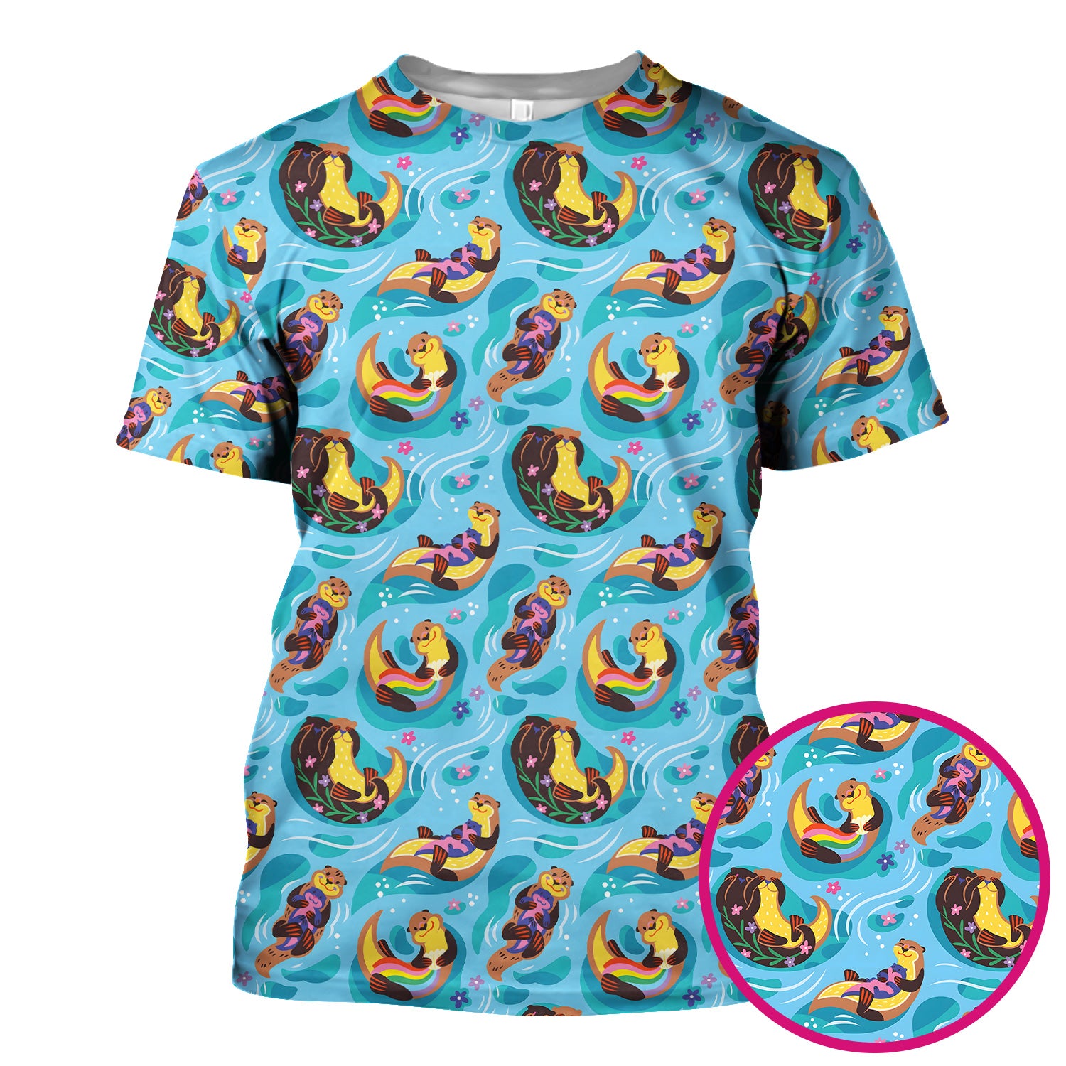 Otter Floating River Rainbow Pattern Scrub Top, Comfortable Scrubs for Nurses