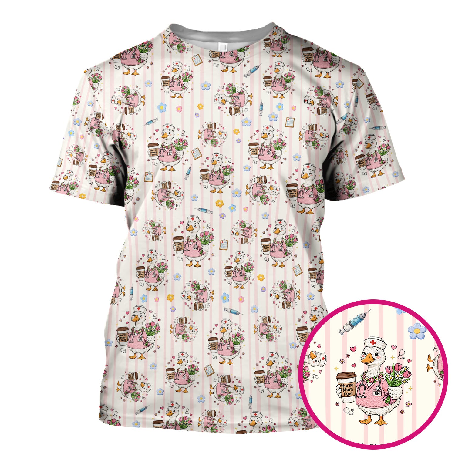 Cartoon Nurse Goose Pattern Scrub Top, Comfortable Scrubs for Nurses