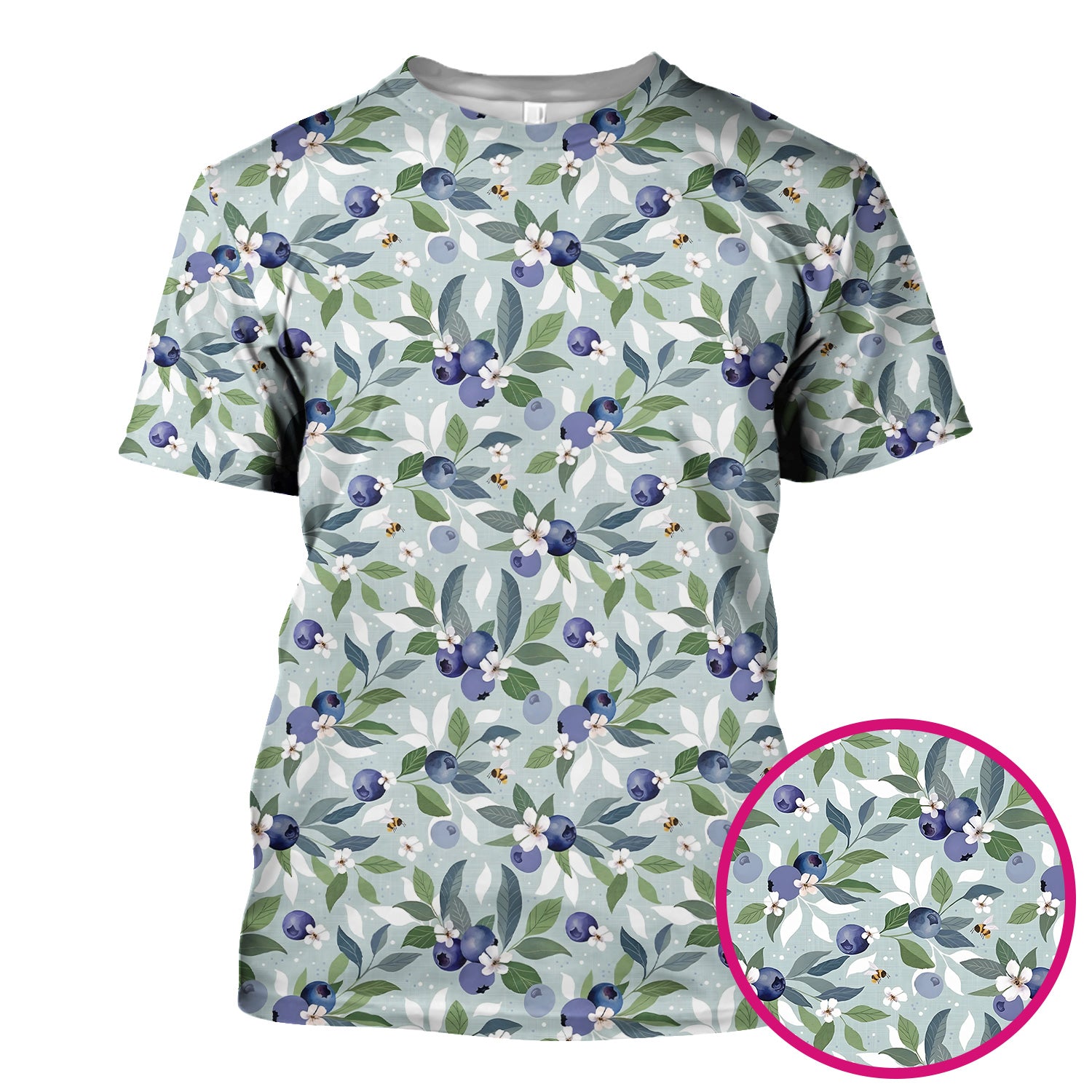 Fresh Blueberry Blossom Garden Pattern Nurse Scrub Top, Breathable Fabrics Nursing Uniform