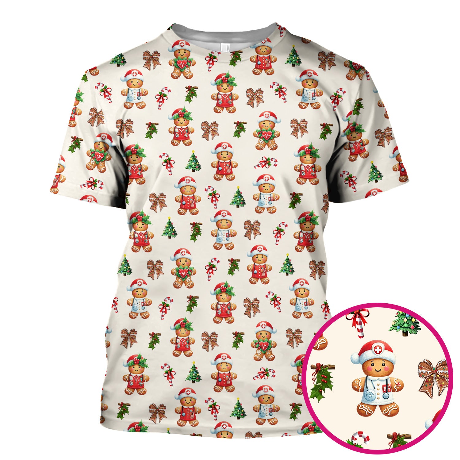 Funny Gingerbread Christmas Scrub Top - Cute Cookie with Bow Shirt - Festive Holiday Scrubs for Women