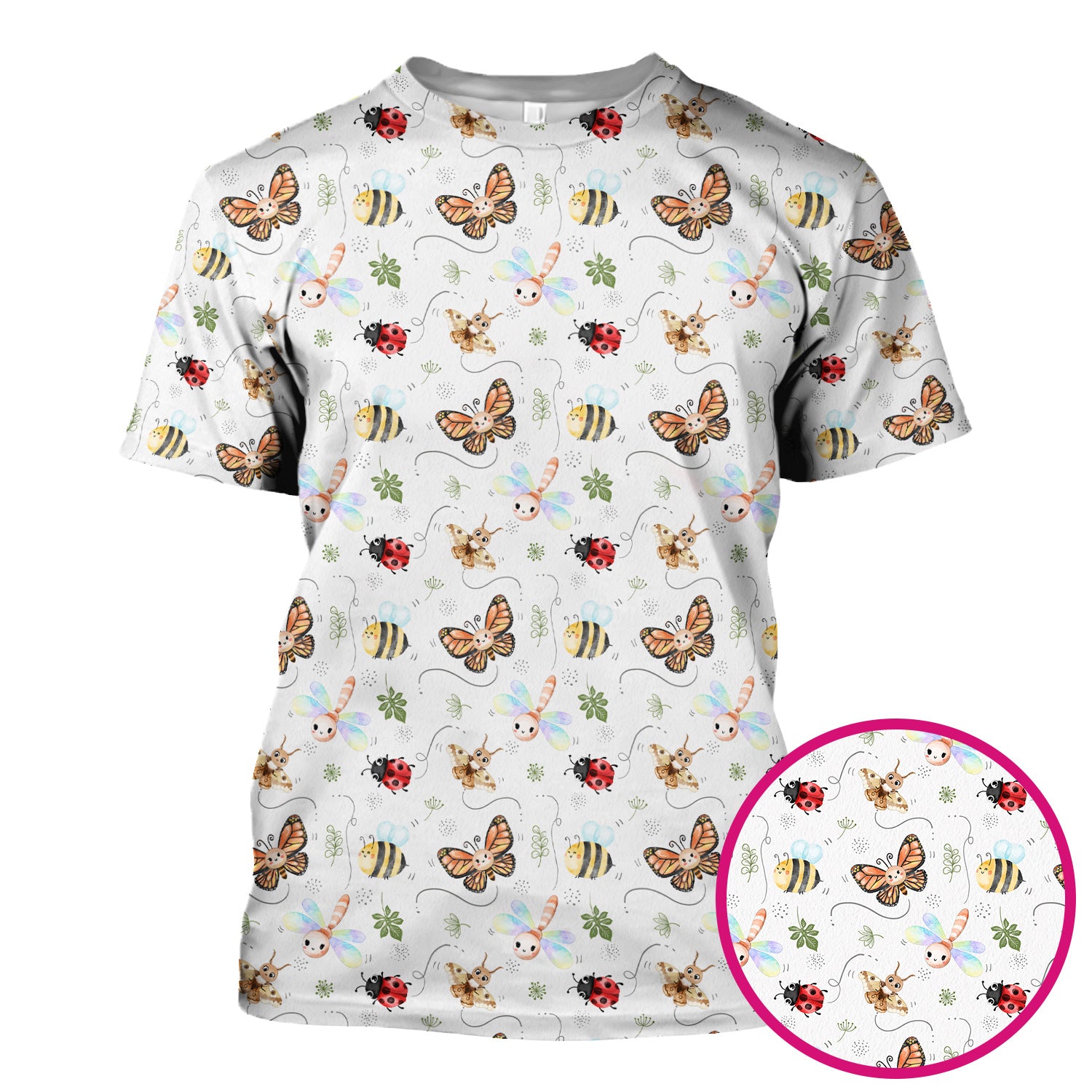 Colorful Garden Insect Pattern Scrub Top, Breathable Fabrics Nursing Uniform