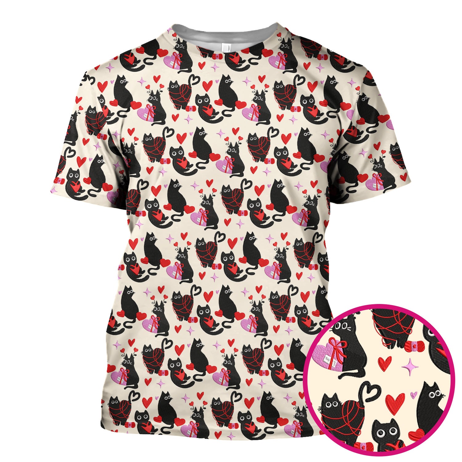 Valentine’s Day Scrub Top, Cute Black Cat With Heart Pattern Nurse Shirt, Breathable Fabrics Nursing Uniform