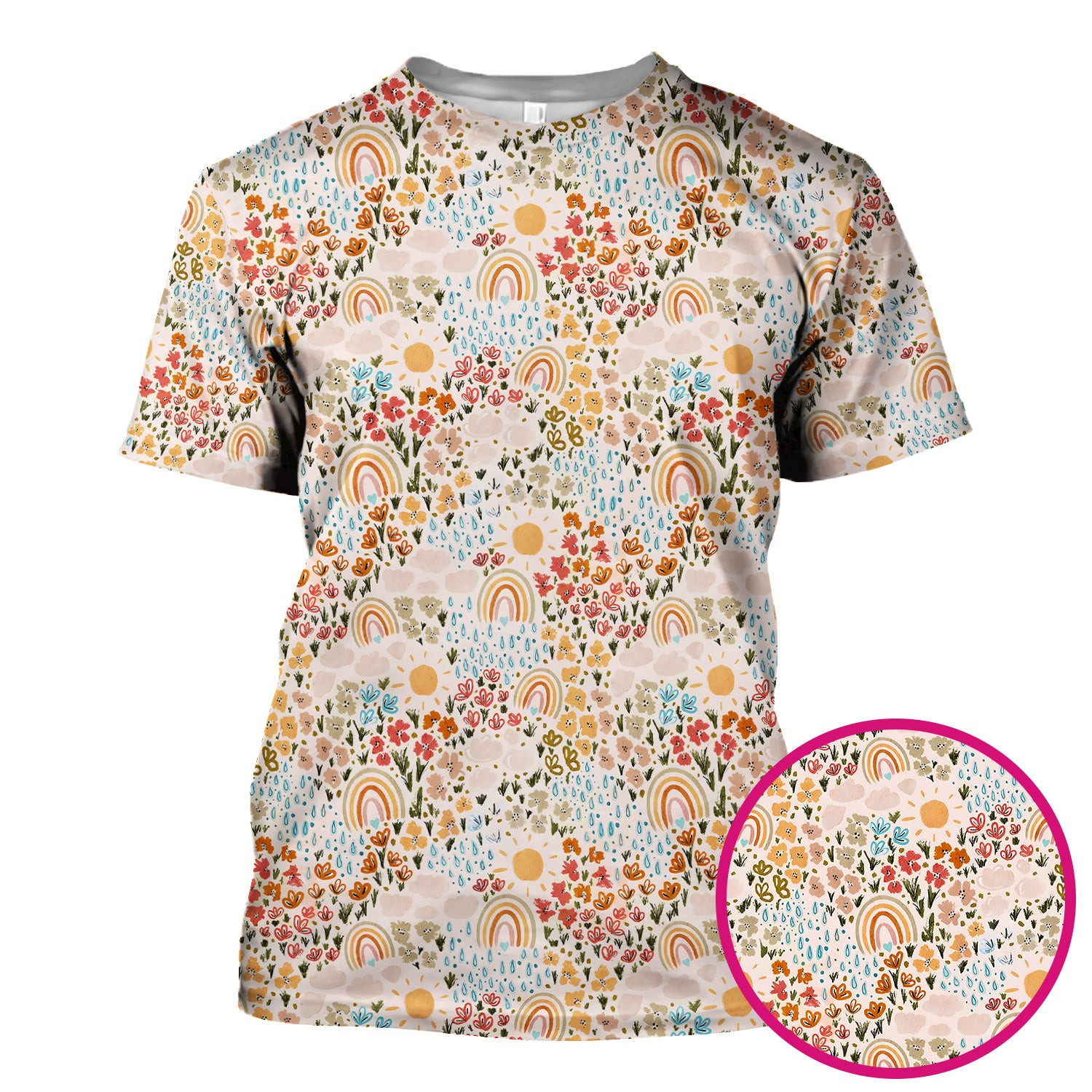 Cute Wildflower Meadow With Rainbow Sun And Raindrops Scrub Top, Comfortable Scrubs for Nurses