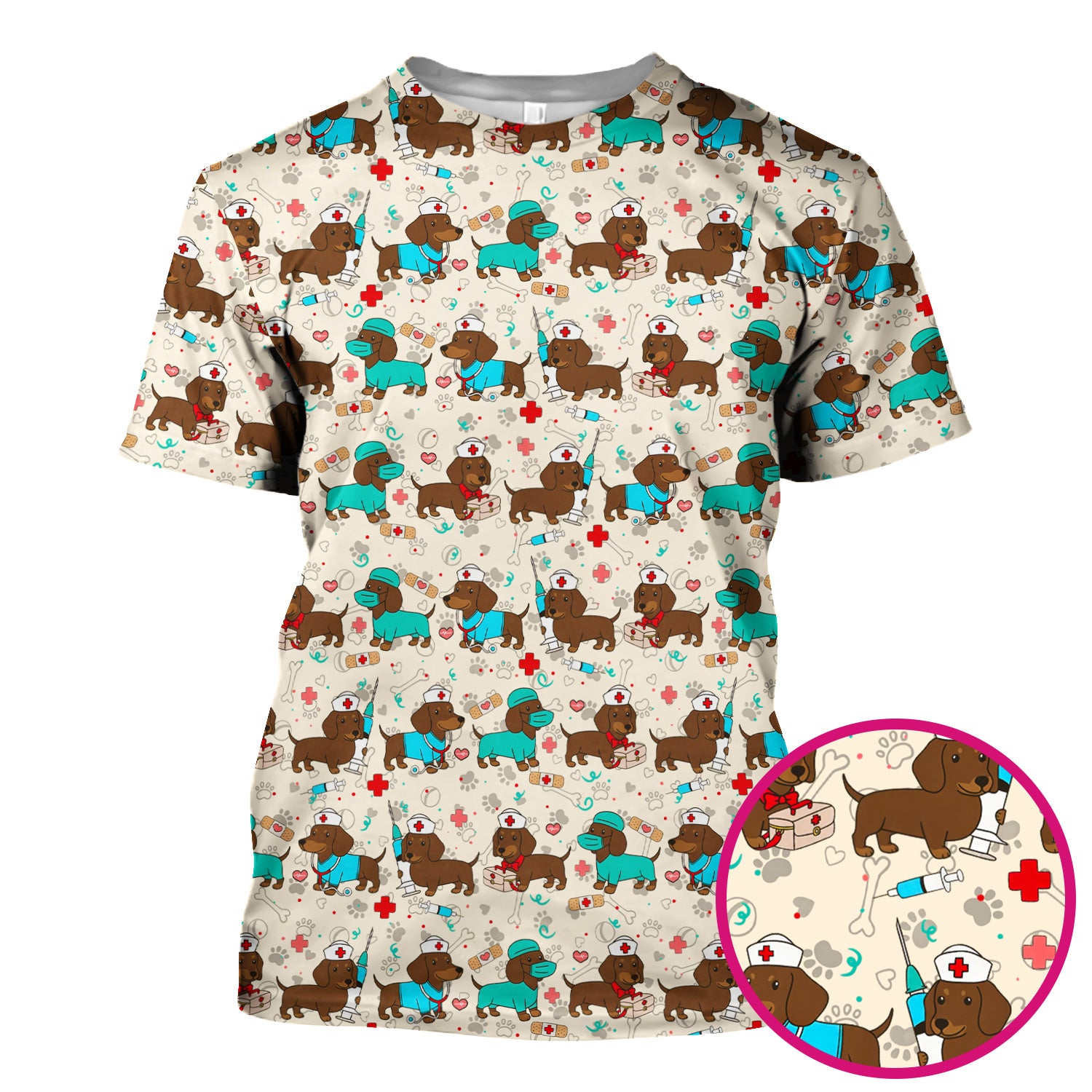 Cute Wiener Dog Dachshund Nurse Scrub Top, Funny Dachshund Dog Scrubs Shirt, Breathable Fabrics Nursing Uniform
