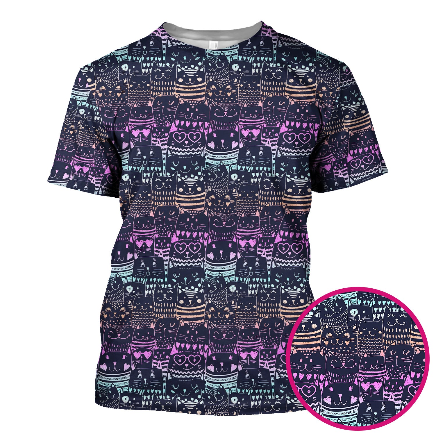 Cute Neon Cat Faces Pattern Scrub Top, Comfortable Scrubs for Nurses