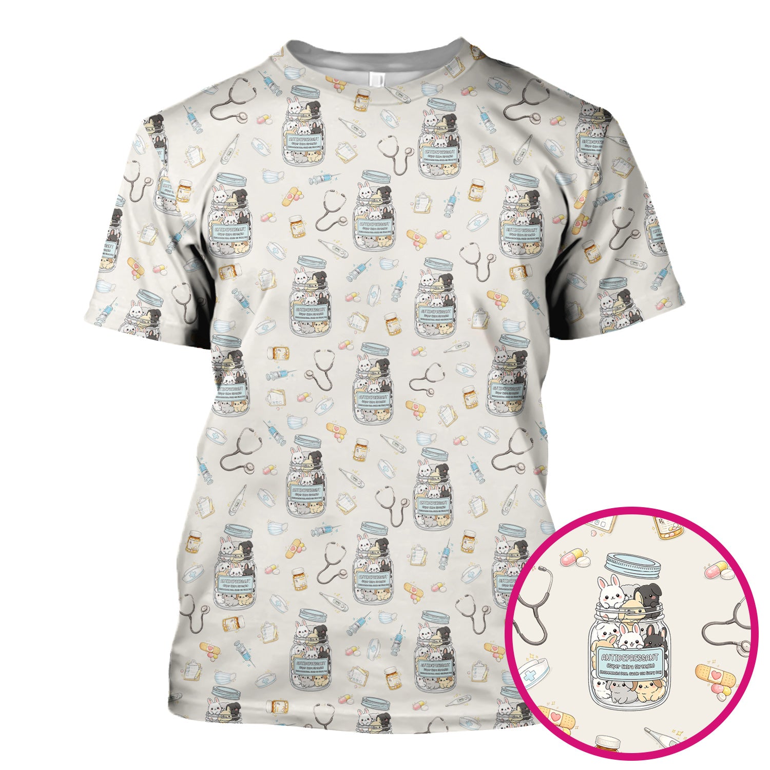 Whimsical Antidepressant Rabbit Jar Design Nurse Scrub Top, Soft & Breathable Workwear