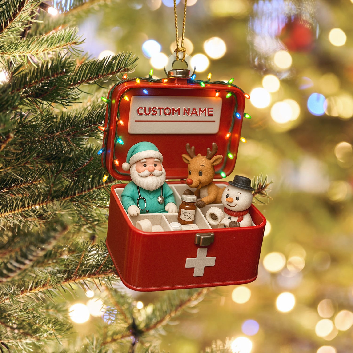 Personalized First Aid Christmas Tree Ornament – Custom Name Medical Santa & Reindeer Holiday Box Decor – Cute Nurse Doctor Ornament for Healthcare Workers