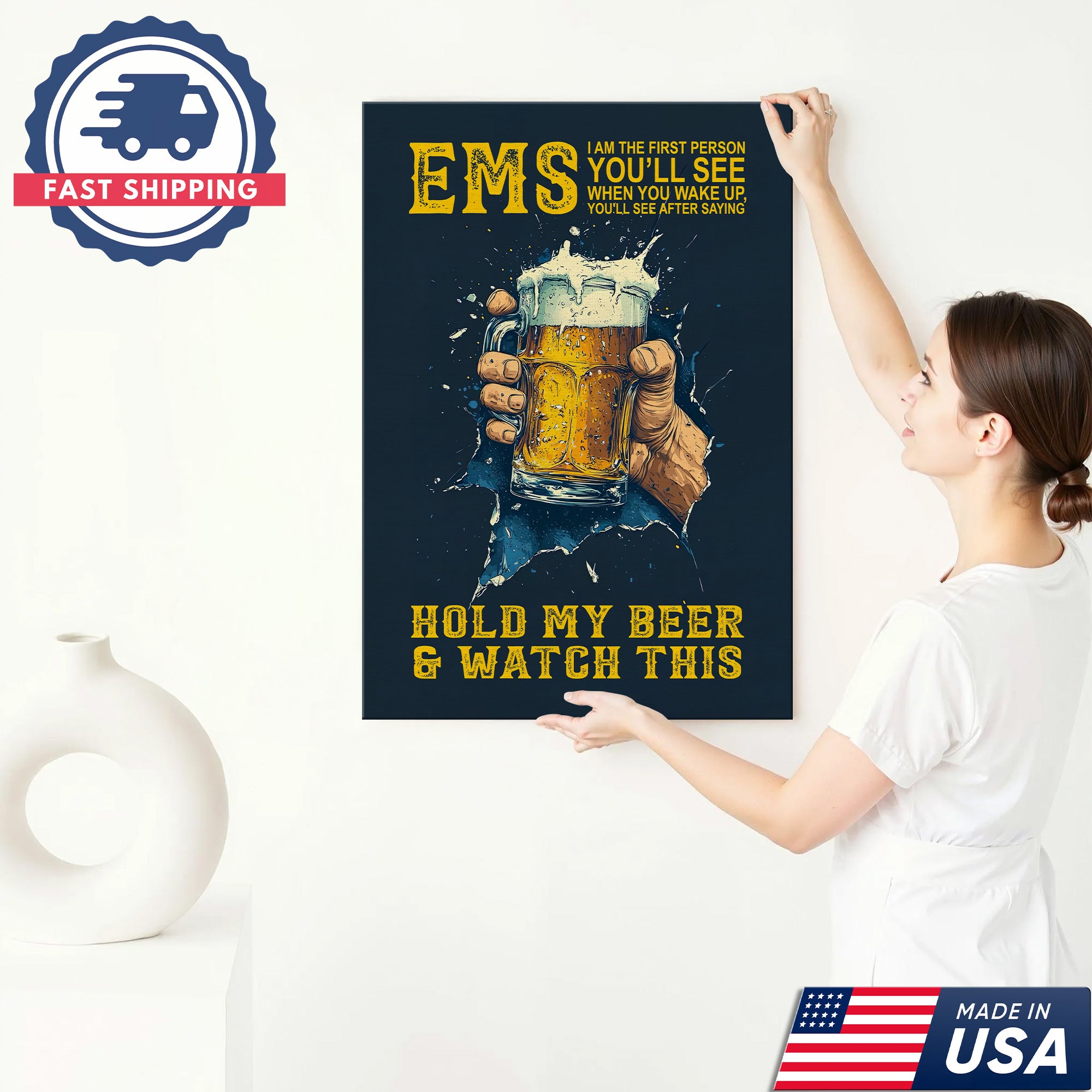 Funny EMS Canvas for Paramedics, Hold My Beer and Watch This Medical Wall Decor, Appreciation Gift Home Decor