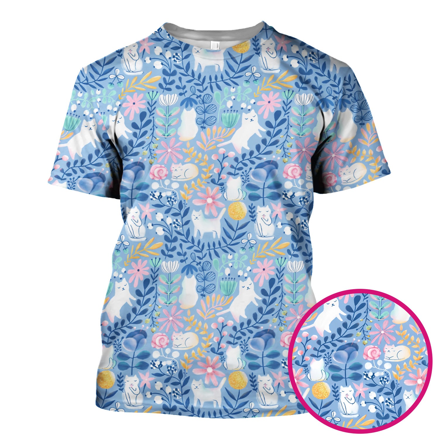 Whimsical Cat Floral Pattern Scrub Top, Breathable Fabrics Nursing Uniform