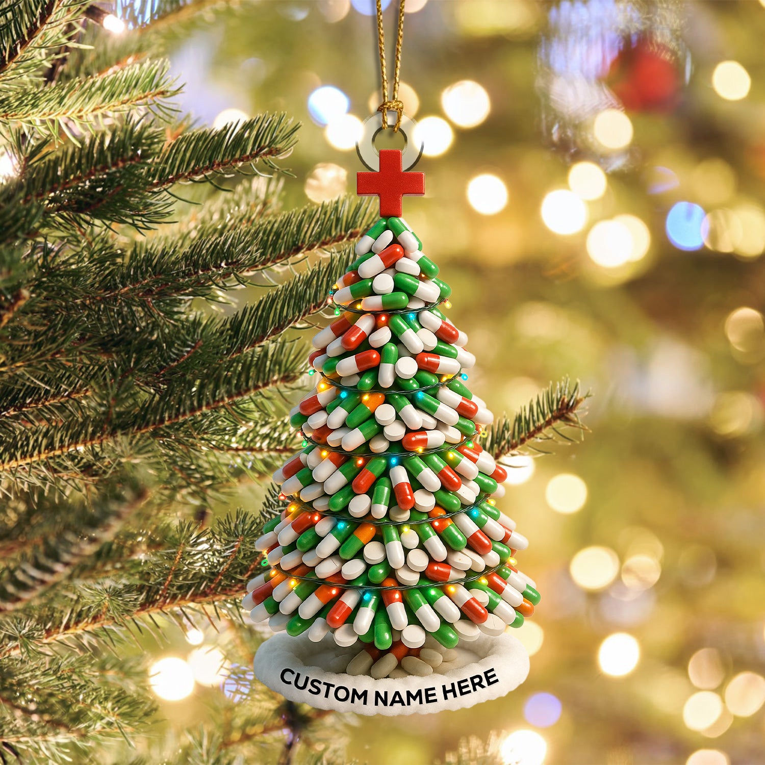 Personalized Pharmacy Christmas Ornament – Funny Medicine Tree Design – Cute Holiday Gift for Nurses, Doctors, and Pharmacists