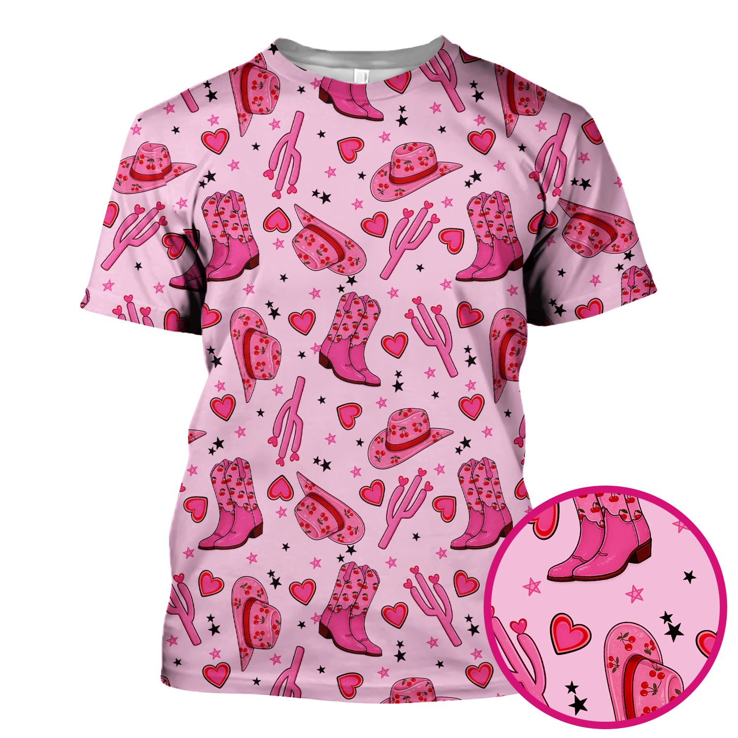 Pink Cowgirl Western Boots Hat Pattern Scrub Top, Breathable Medical Uniform Top