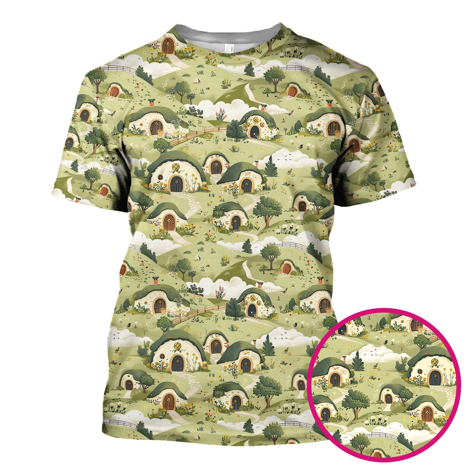 Cozy Hobbit Village Landscape Pattern Scrub Top, Comfortable Scrubs for Nurses