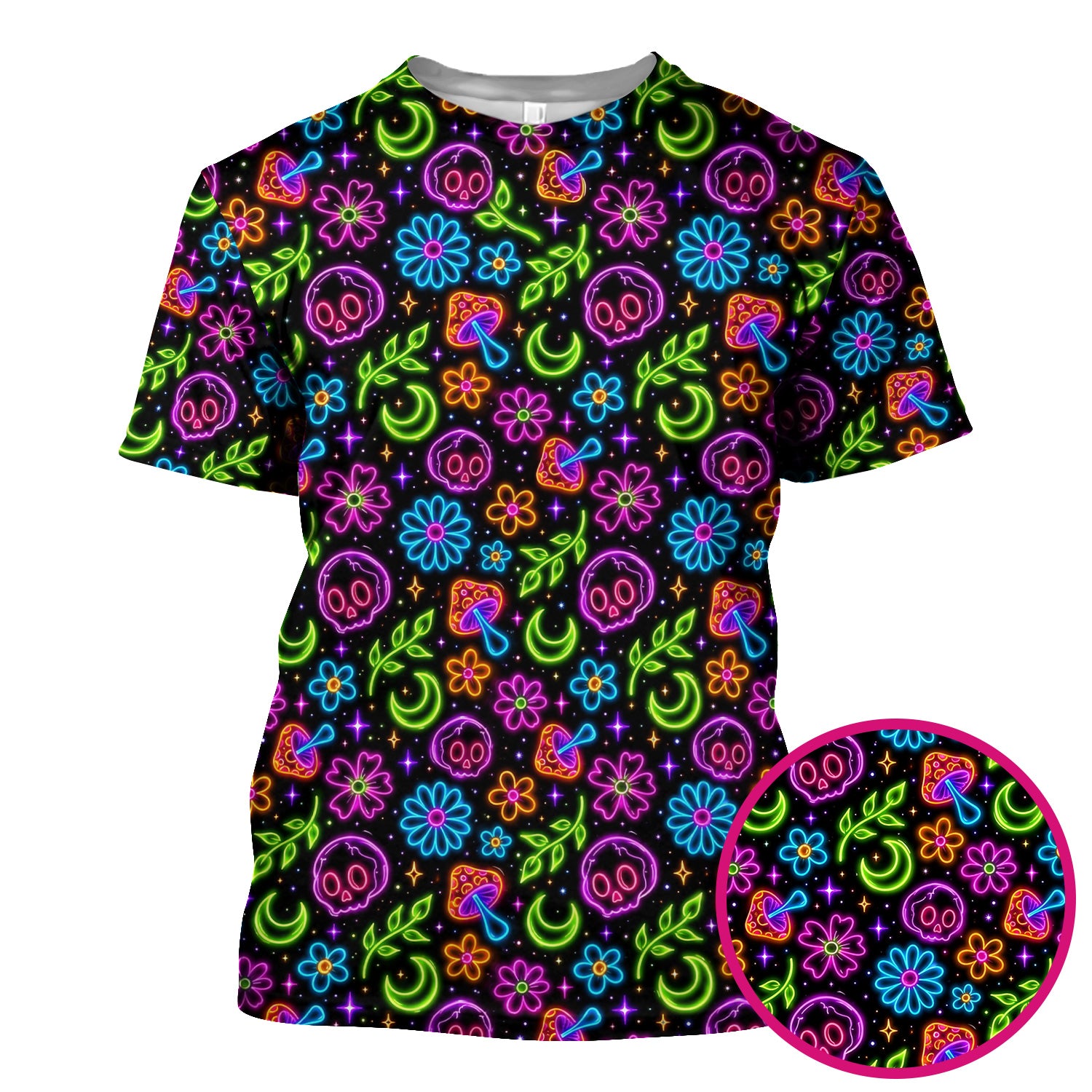 Neon Skull Mushroom Floral Scrub Top, Colorful Gothic Nurse Scrubs Uniform