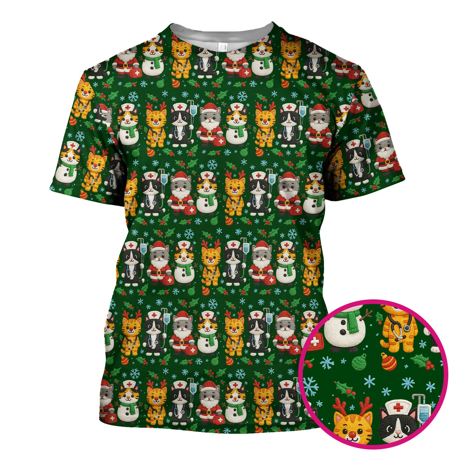Christmas Cat Nurse Pattern Scrub Top, Cute Holiday Kitty Medical Uniform Shirt For Nursing
