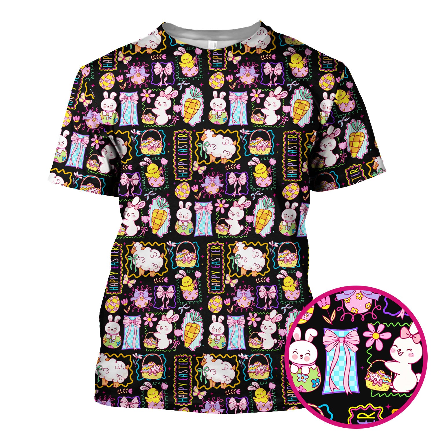 Cute Easter Bunny Egg and Bow Print Scrub Top, Breathable Fabrics Nursing Uniform