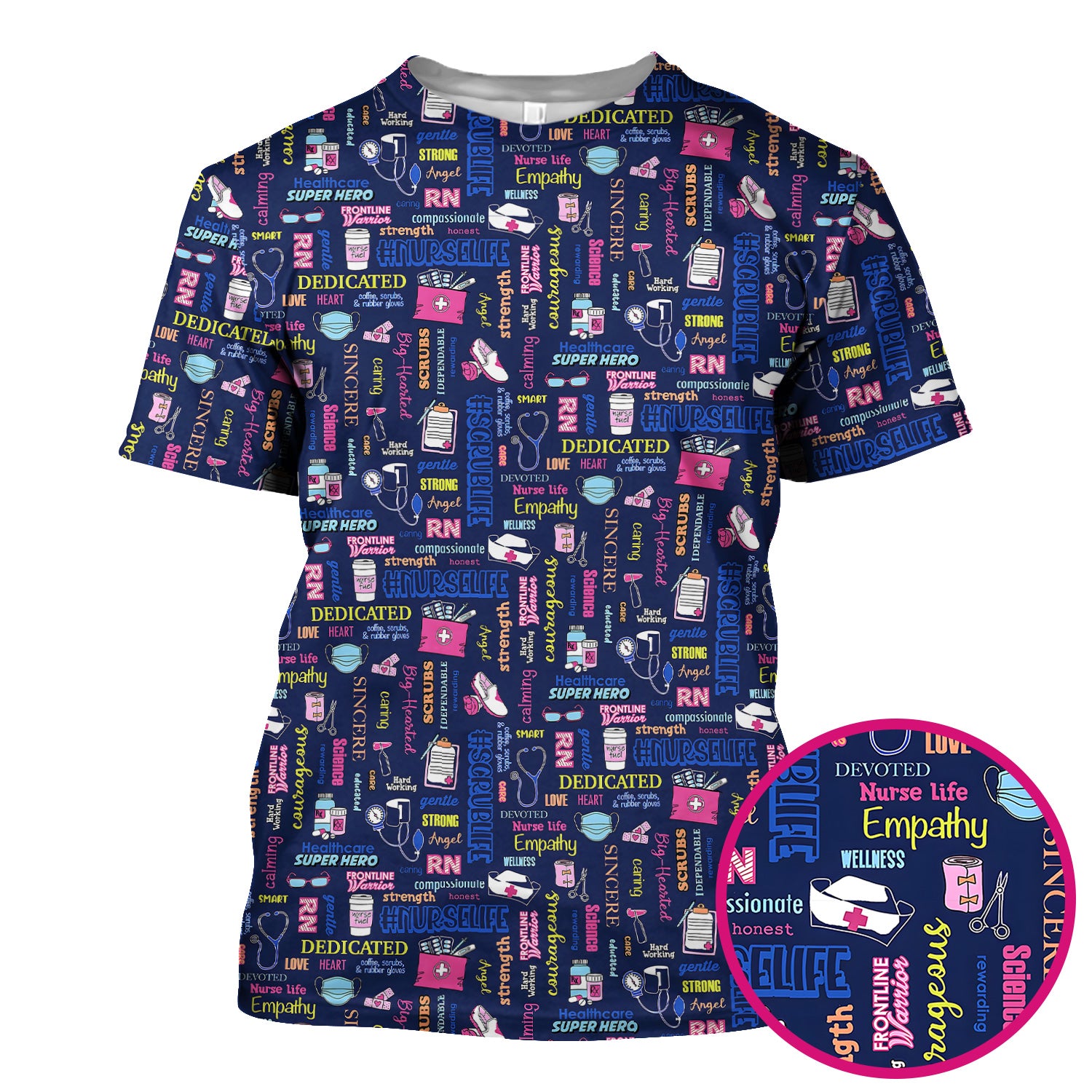 Colorful Nurse Life Typography Print Scrub Top, Breathable Fabrics Nursing Uniform