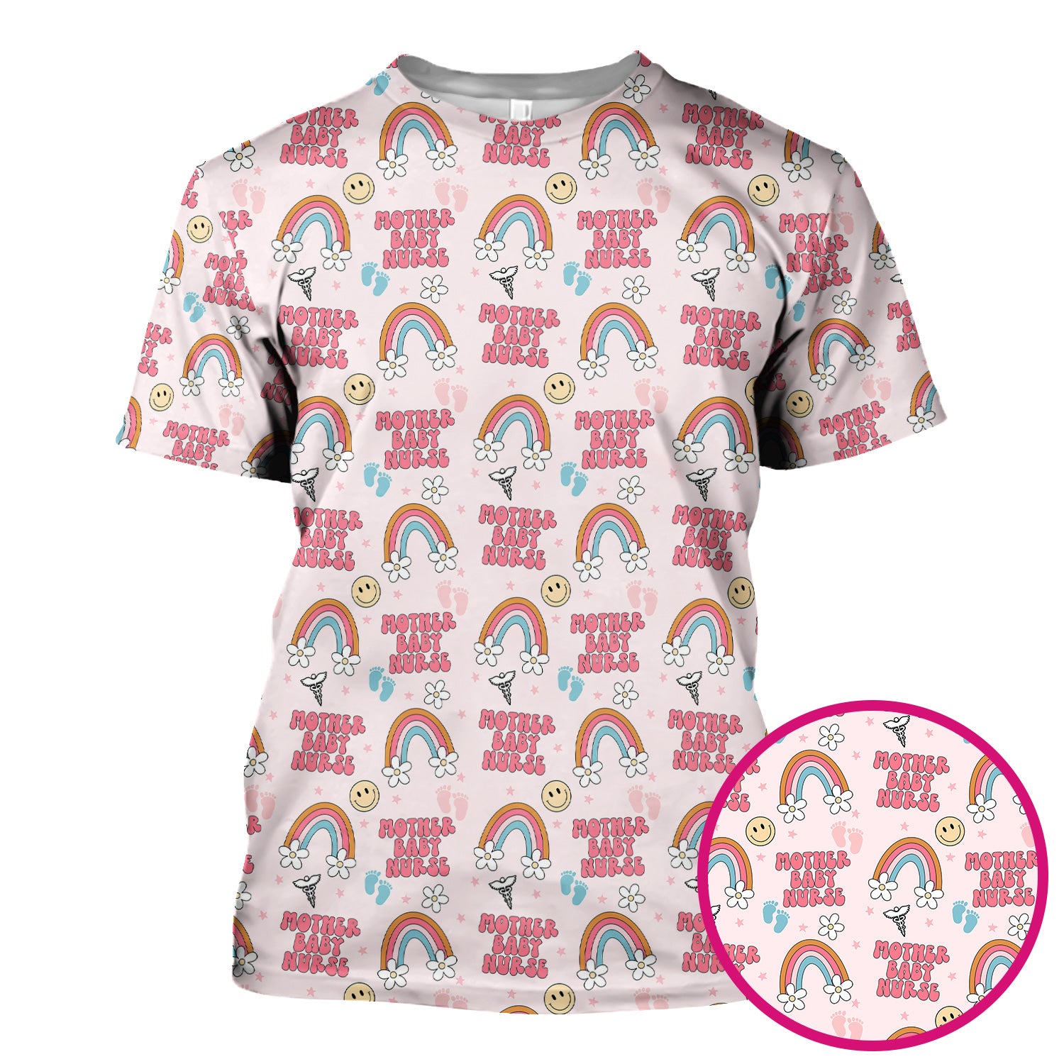 Sweet Mother Baby Nurse Rainbow Pattern Scrub Top, Comfortable Scrubs for Nurses